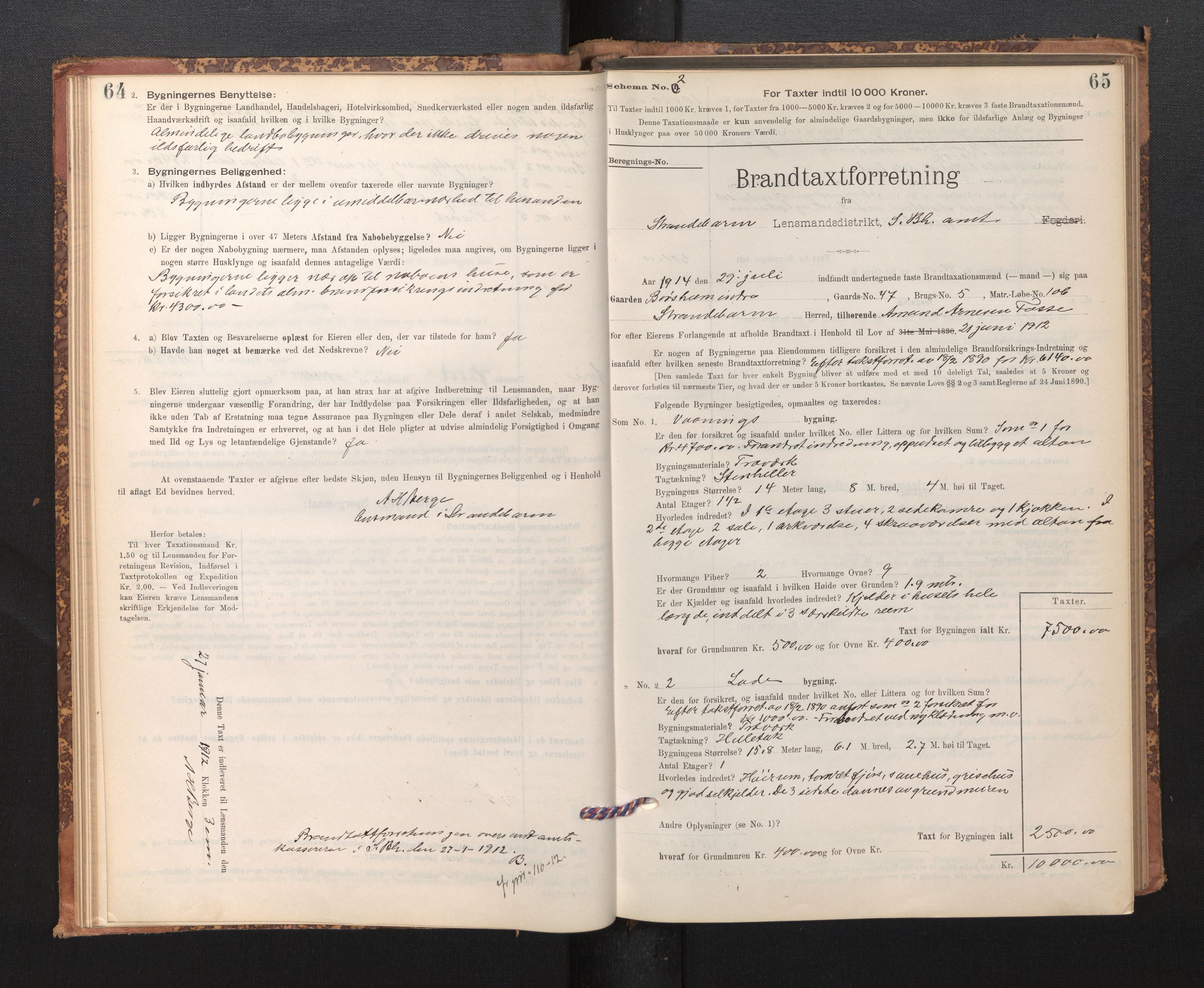 Lensmannen i Strandebarm, AV/SAB-A-35101/0012/L0004: Branntakstprotokoll, skjematakst, 1895-1920, p. 64-65