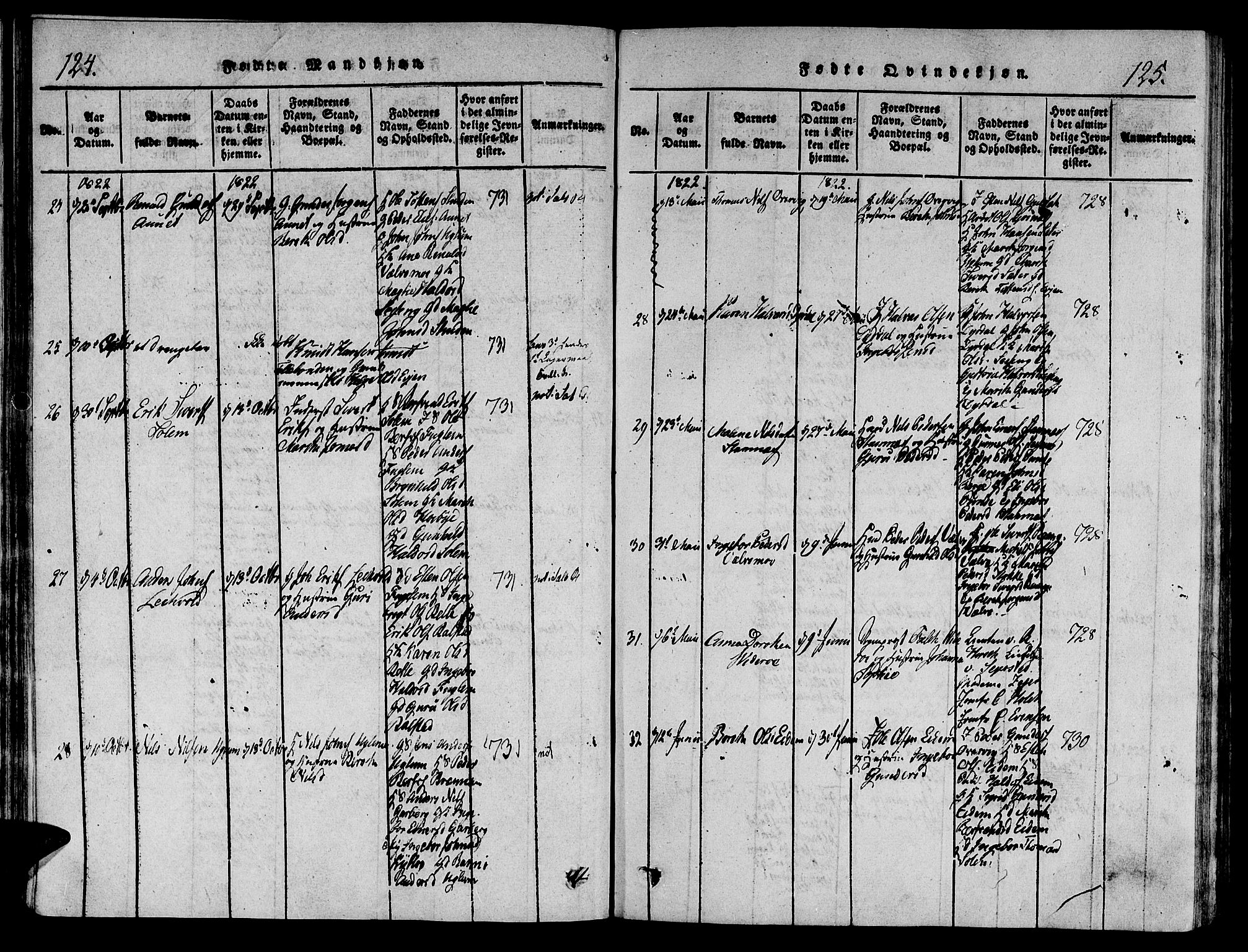 Ministerialprotokoller, klokkerbøker og fødselsregistre - Sør-Trøndelag, AV/SAT-A-1456/695/L1141: Parish register (official) no. 695A04 /1, 1816-1824, p. 124-125