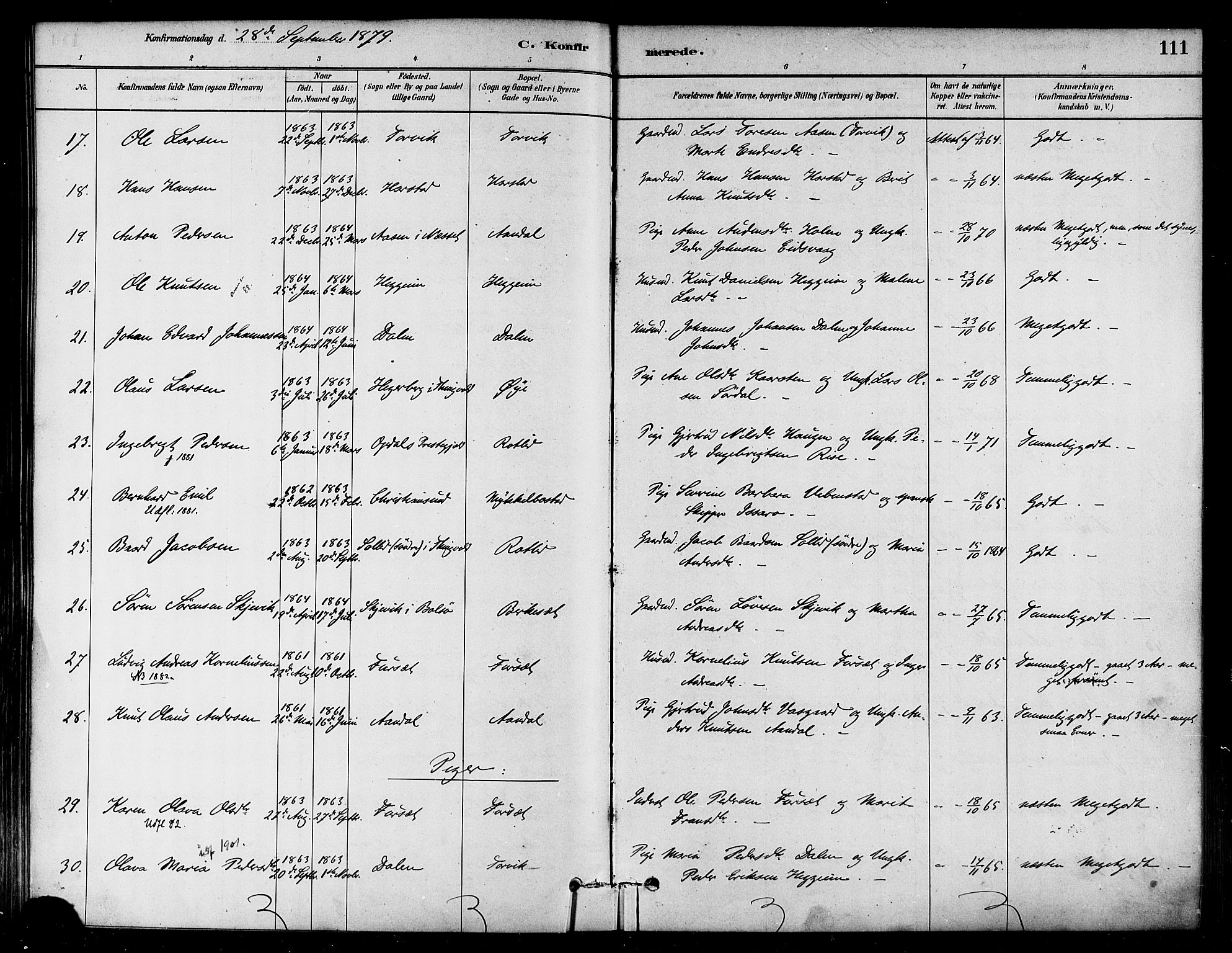 Ministerialprotokoller, klokkerbøker og fødselsregistre - Møre og Romsdal, AV/SAT-A-1454/584/L0967: Parish register (official) no. 584A07, 1879-1894, p. 111