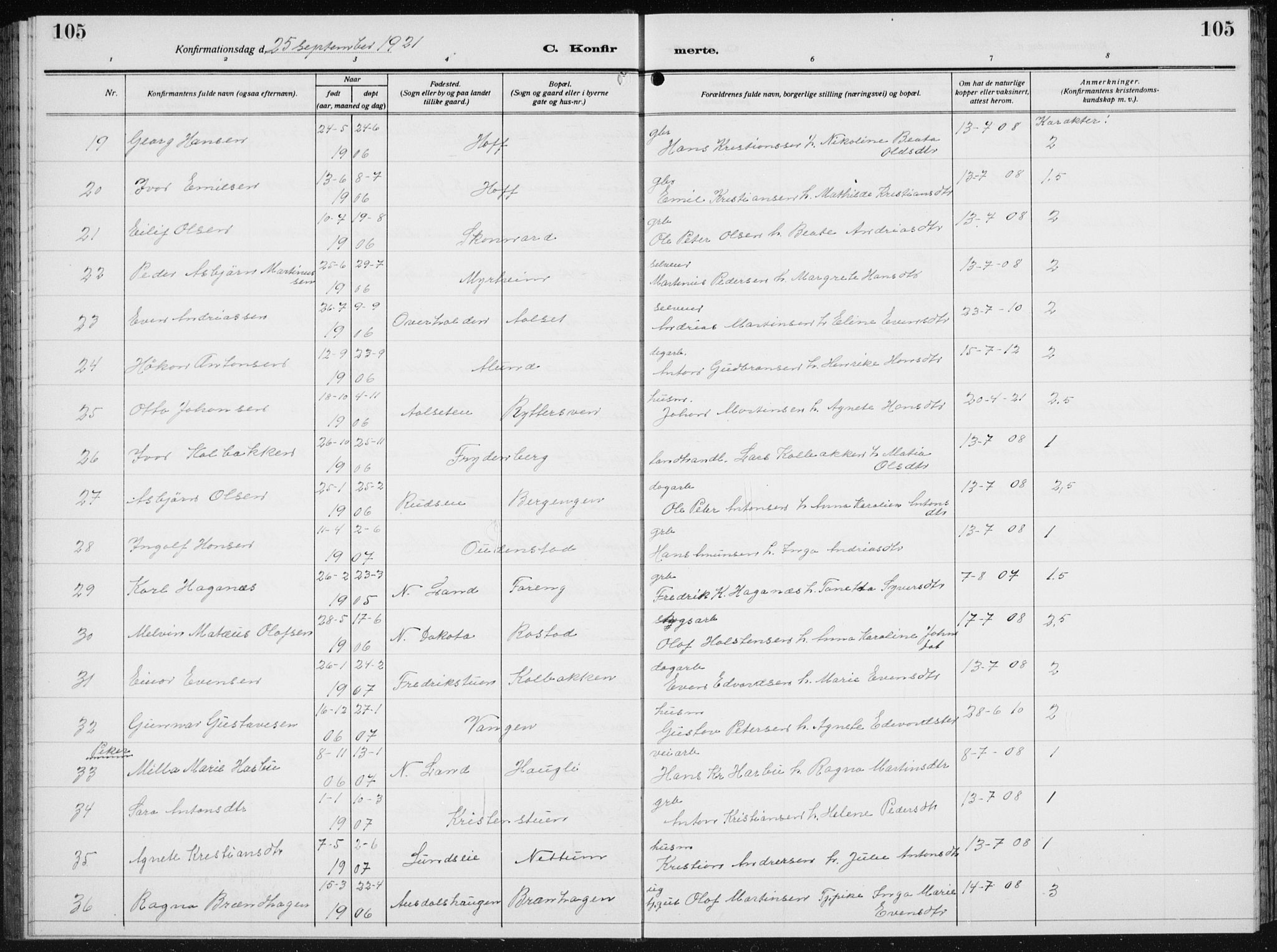Biri prestekontor, SAH/PREST-096/H/Ha/Hab/L0007: Parish register (copy) no. 7, 1919-1941, p. 105