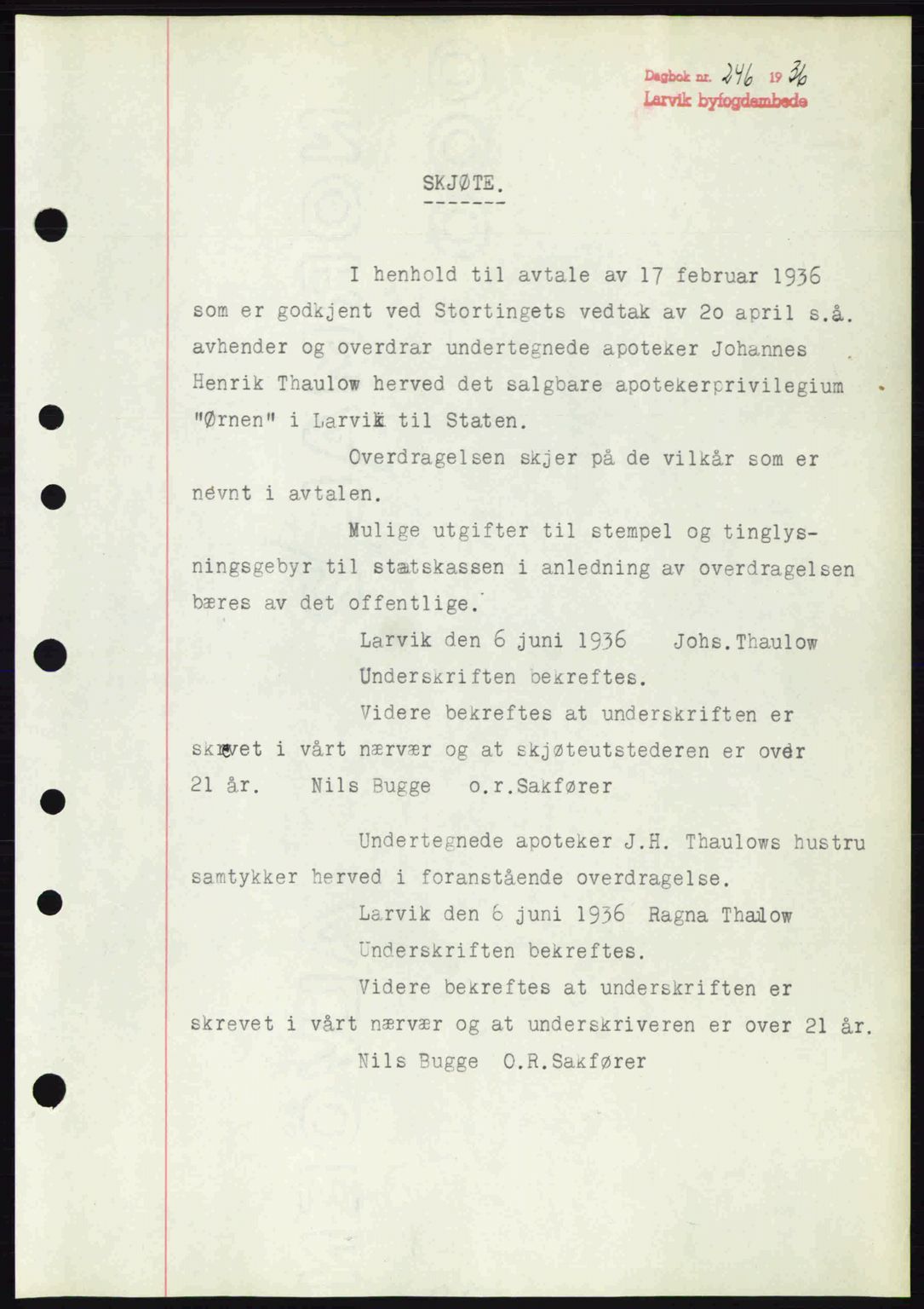 Larvik sorenskriveri, SAKO/A-83/G/Ga/Gab/L0067: Mortgage book no. A-1, 1936-1937, Diary no: : 246/1936