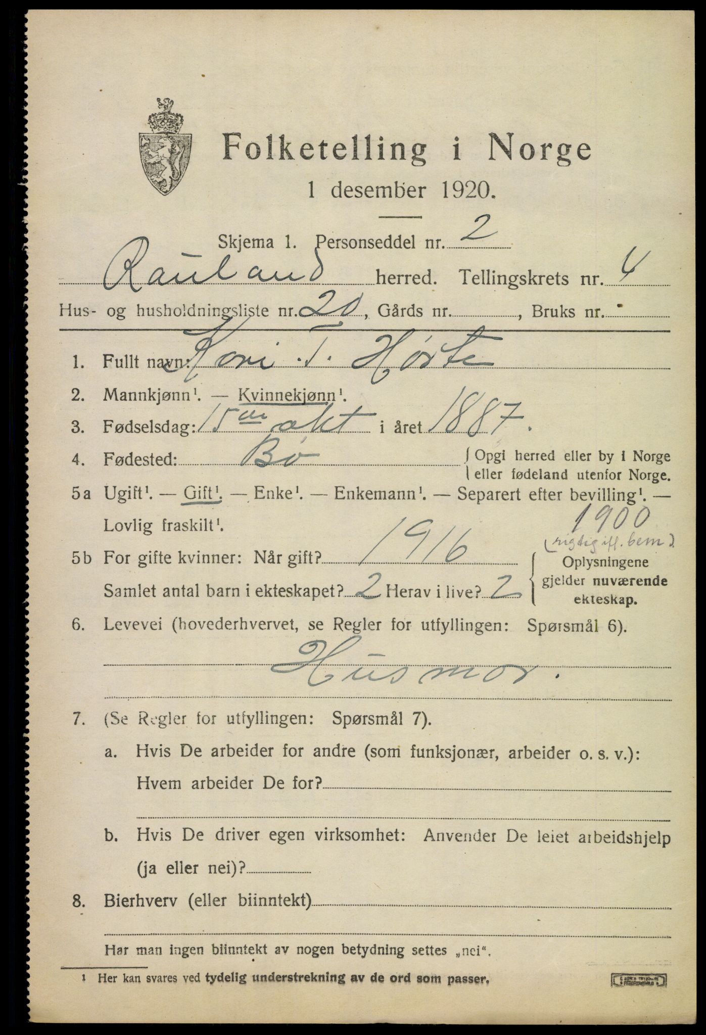 SAKO, 1920 census for Rauland, 1920, p. 1004