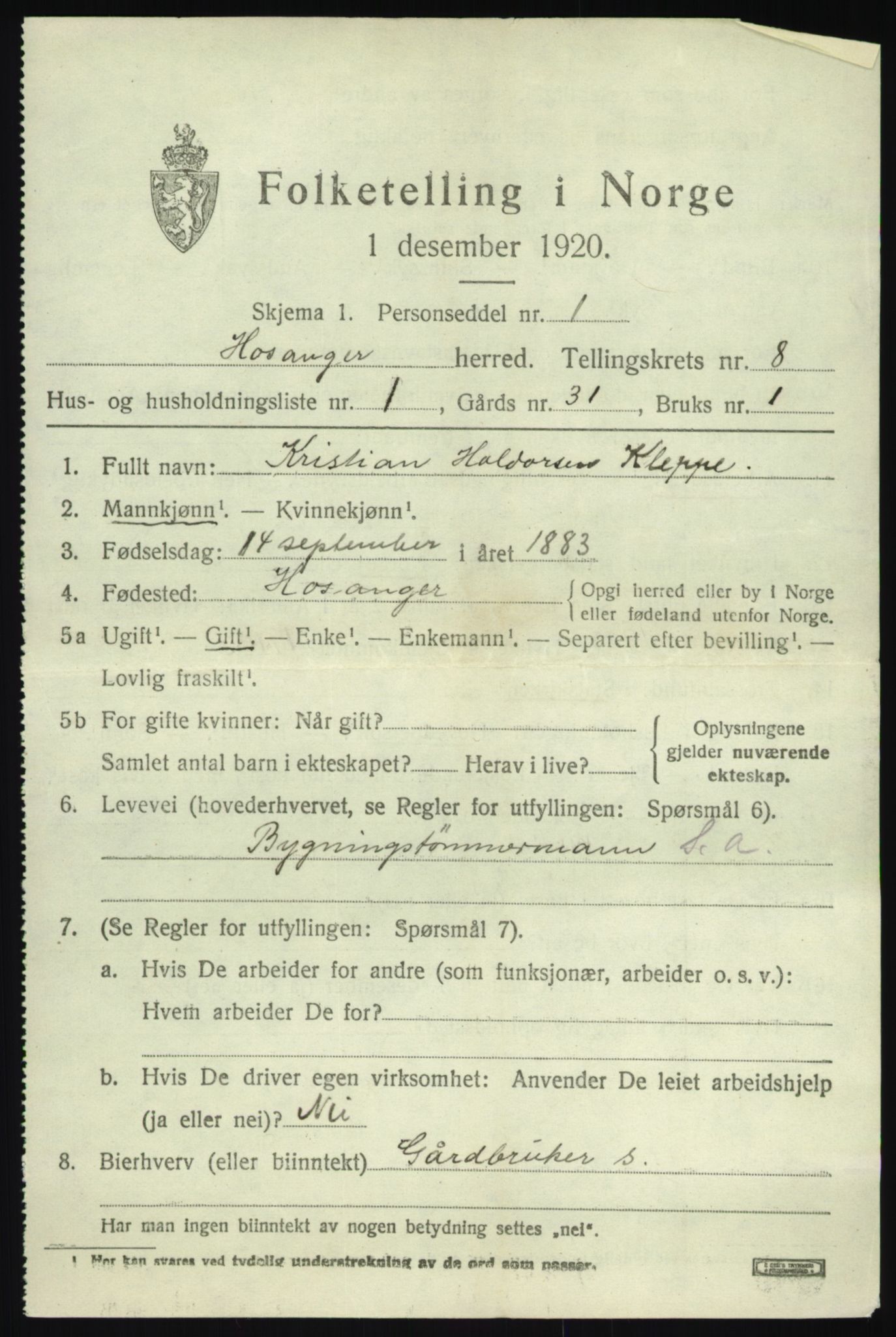 SAB, 1920 census for Hosanger, 1920, p. 3349