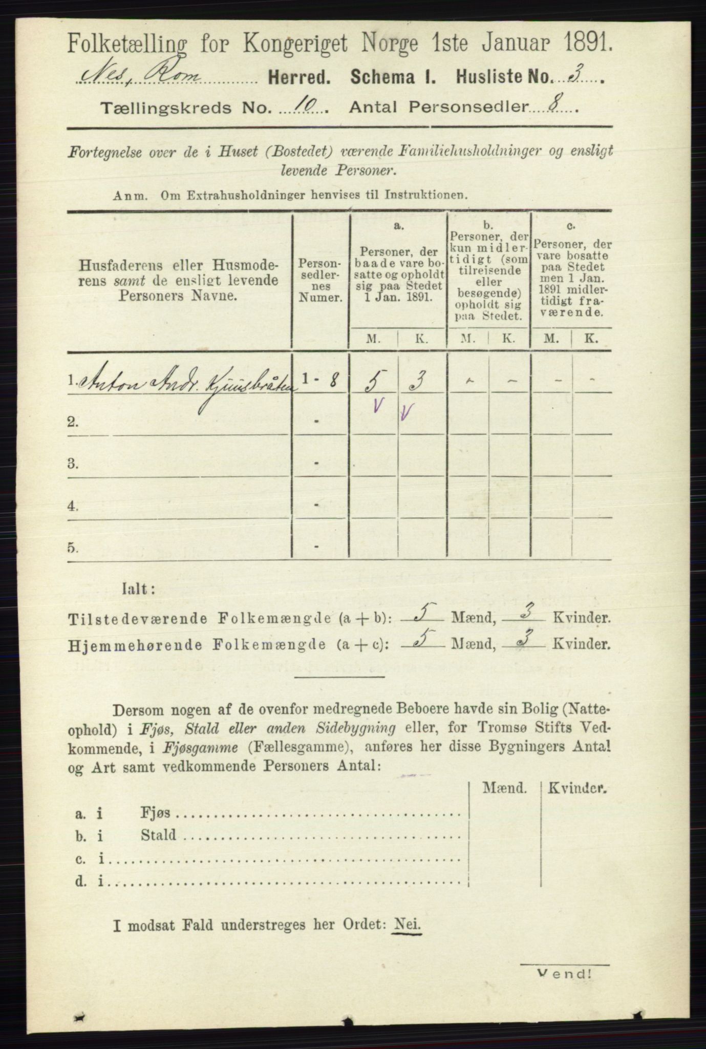 RA, 1891 census for 0236 Nes, 1891, p. 5715
