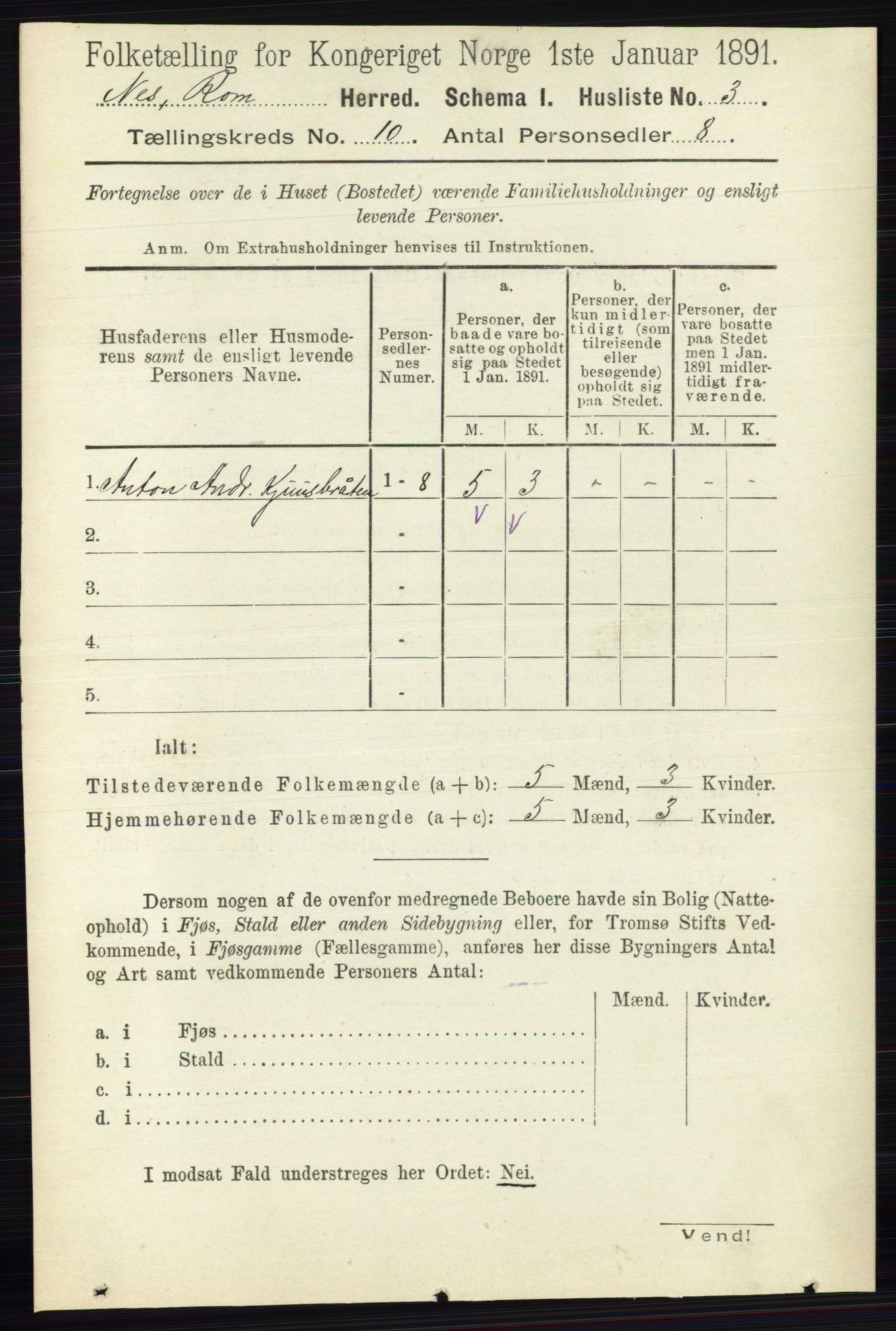 RA, 1891 census for 0236 Nes, 1891, p. 5715