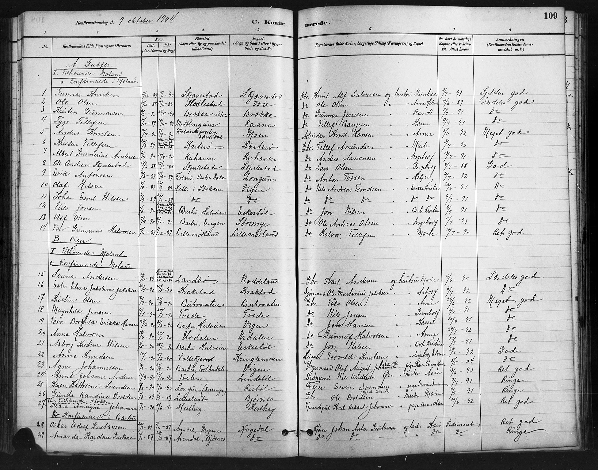 Austre Moland sokneprestkontor, SAK/1111-0001/F/Fb/Fba/L0003: Parish register (copy) no. B 3, 1879-1914, p. 109