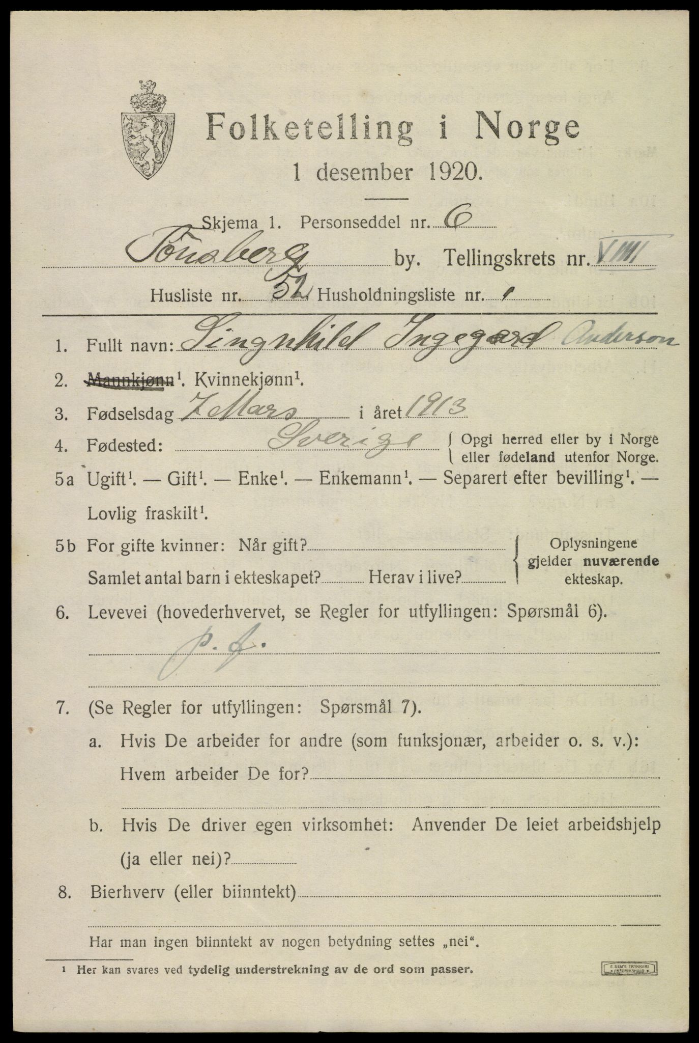 SAKO, 1920 census for Tønsberg, 1920, p. 18191