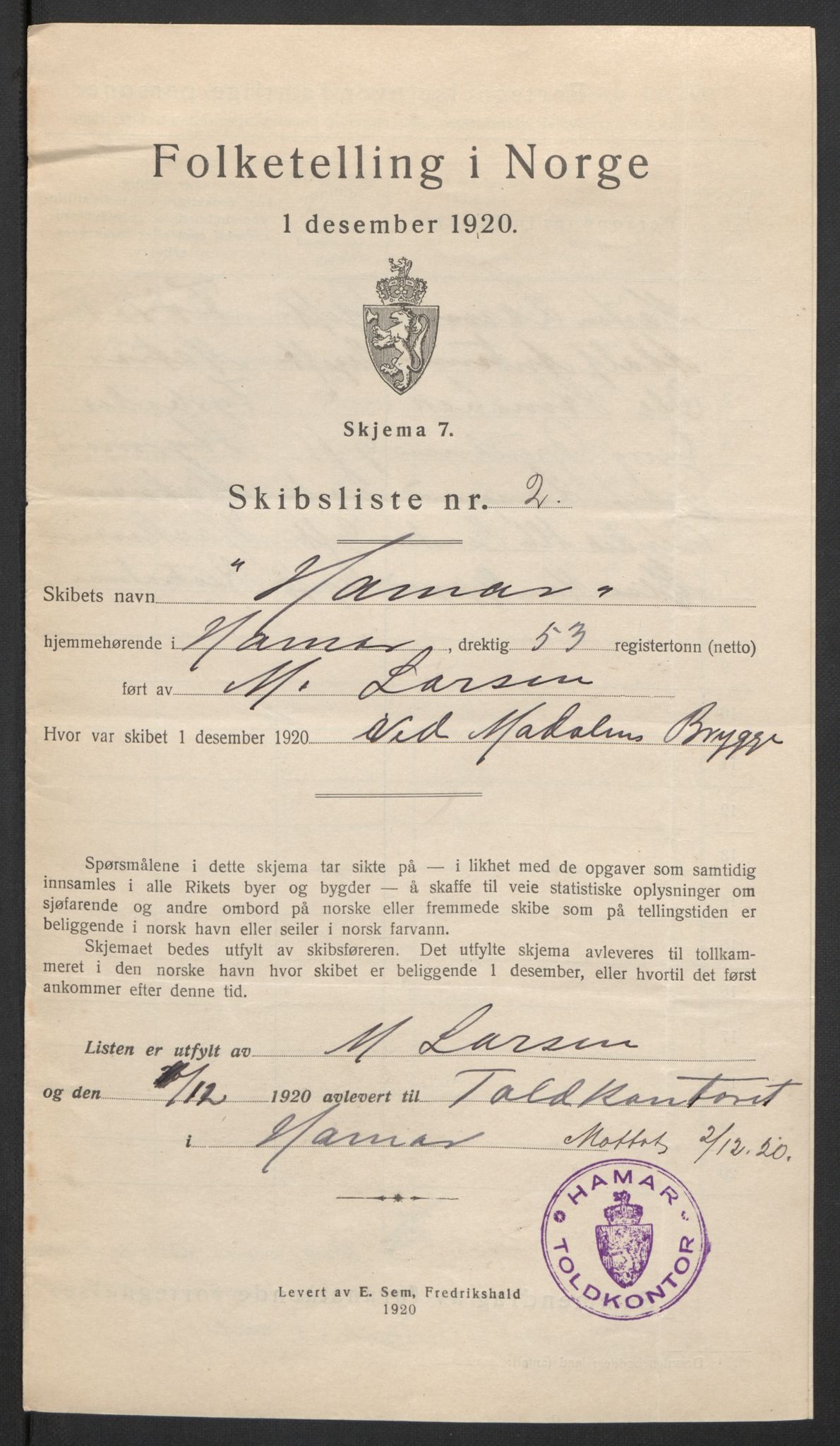 SAH, 1920 census for Hamar, 1920, p. 17536