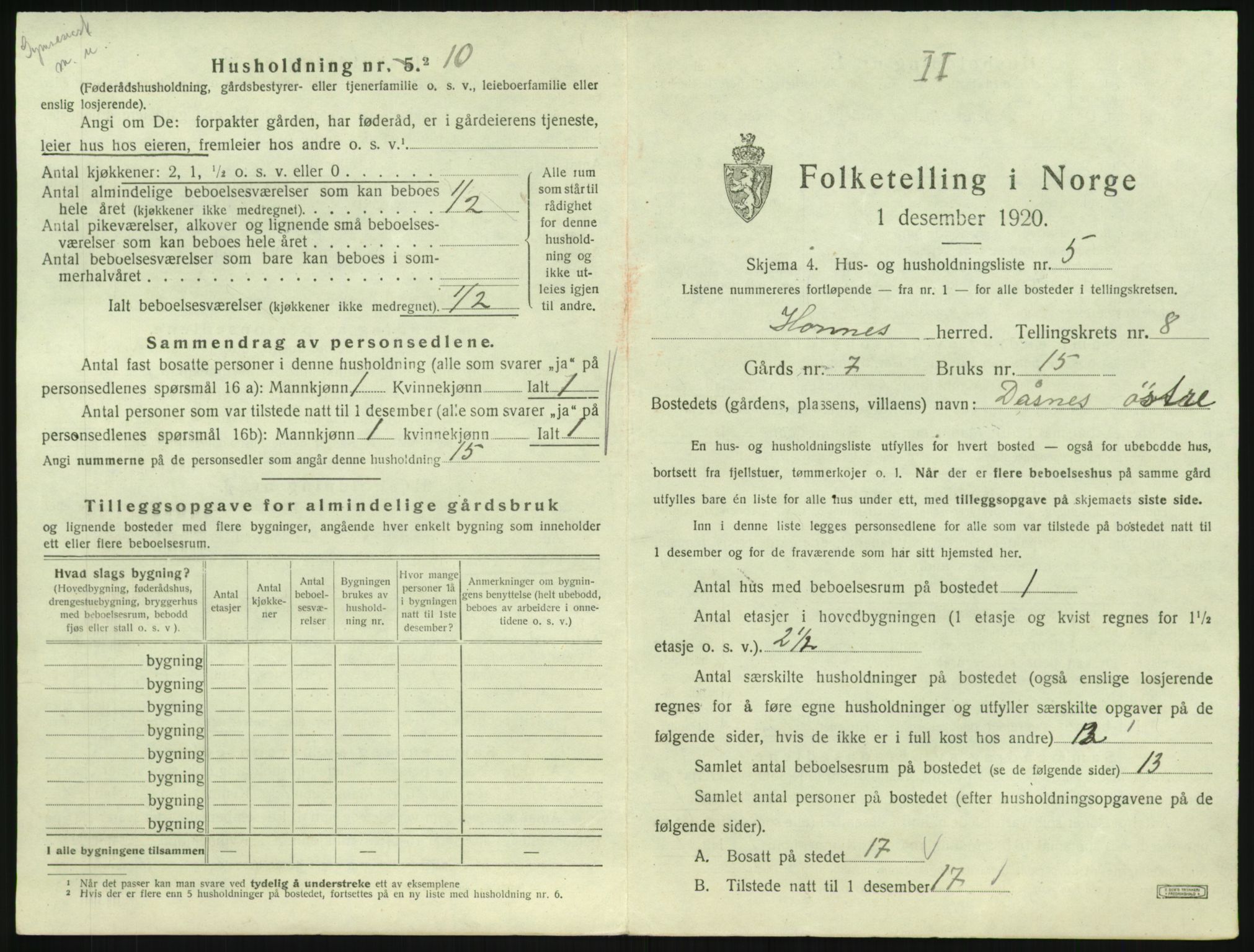 SAK, 1920 census for Hornnes, 1920, p. 297