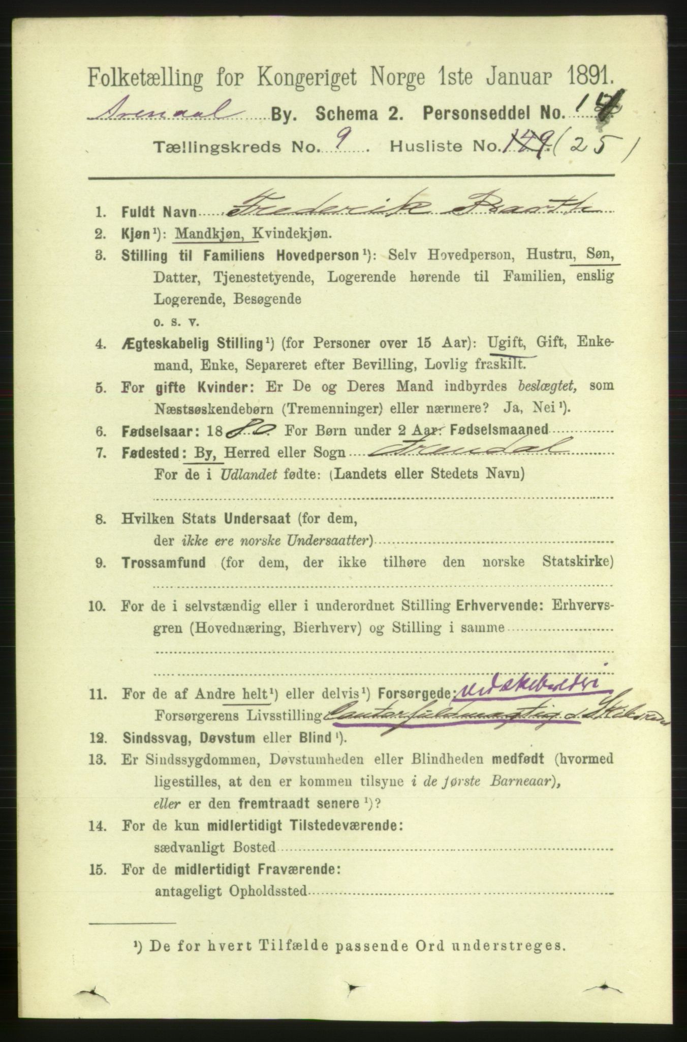 RA, 1891 census for 0903 Arendal, 1891, p. 3486