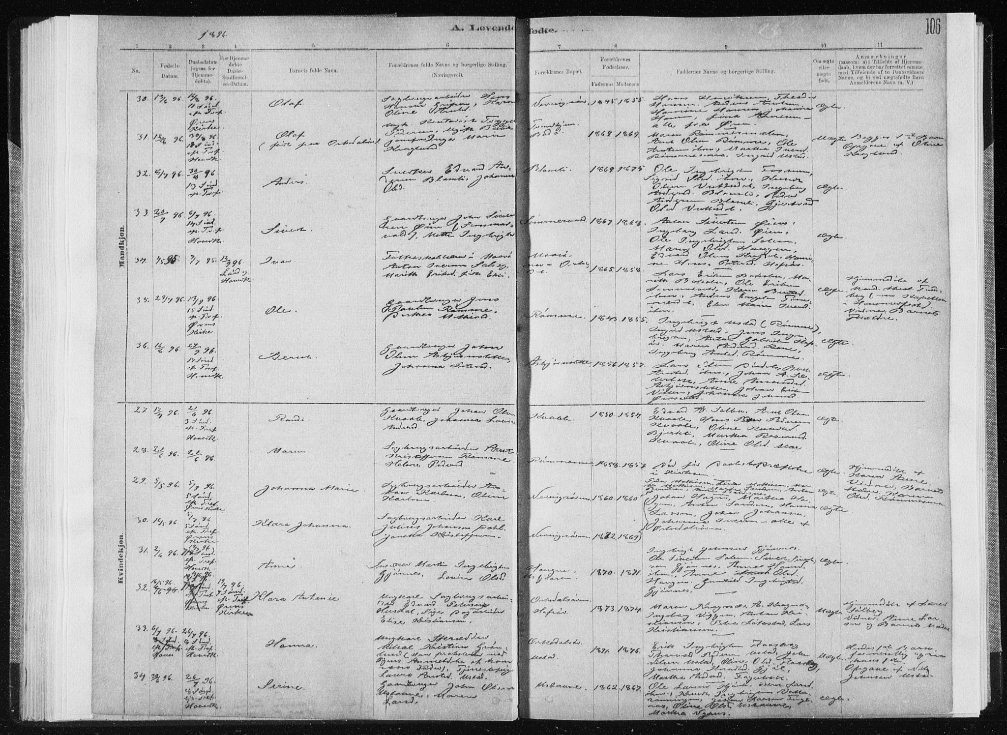 Ministerialprotokoller, klokkerbøker og fødselsregistre - Sør-Trøndelag, AV/SAT-A-1456/668/L0818: Parish register (copy) no. 668C07, 1885-1898, p. 106