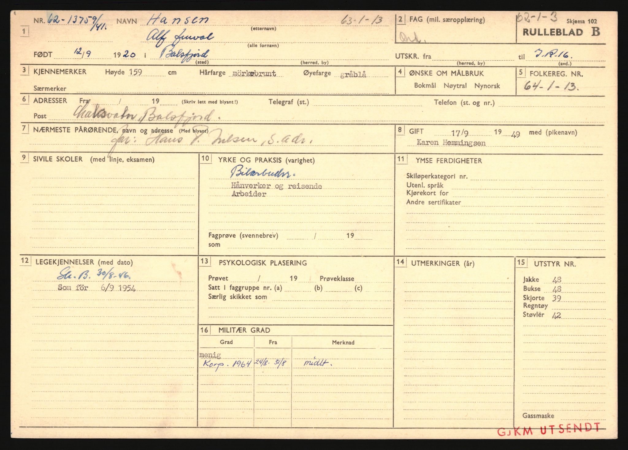 Forsvaret, Troms infanteriregiment nr. 16, AV/RA-RAFA-3146/P/Pa/L0024/0002: Rulleblad / Rulleblad for regimentets menige mannskaper, årsklasse 1941, 1941, p. 88