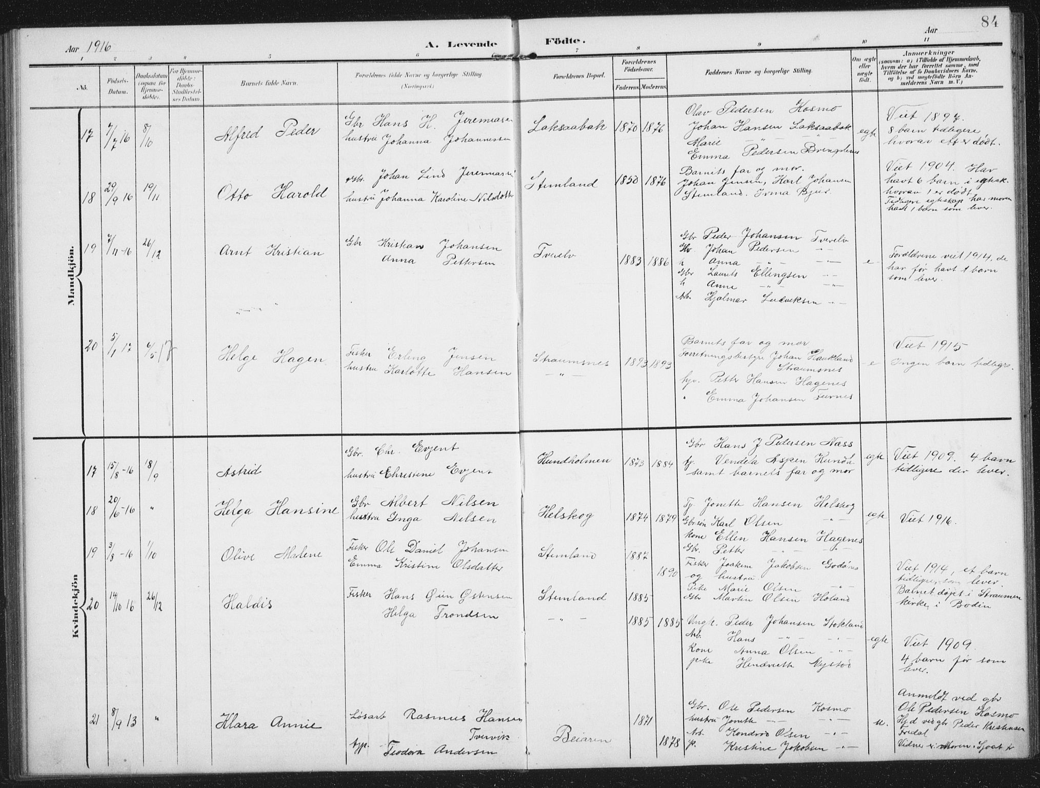 Ministerialprotokoller, klokkerbøker og fødselsregistre - Nordland, AV/SAT-A-1459/851/L0726: Parish register (copy) no. 851C01, 1902-1924, p. 84