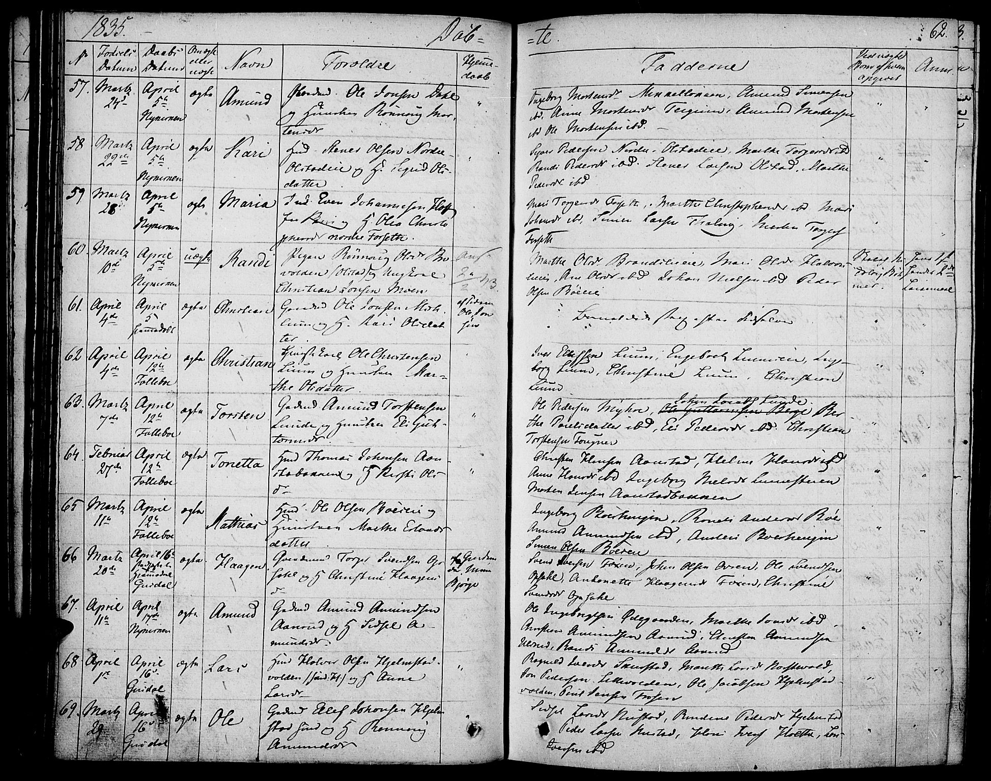 Gausdal prestekontor, AV/SAH-PREST-090/H/Ha/Haa/L0006: Parish register (official) no. 6, 1830-1839, p. 62