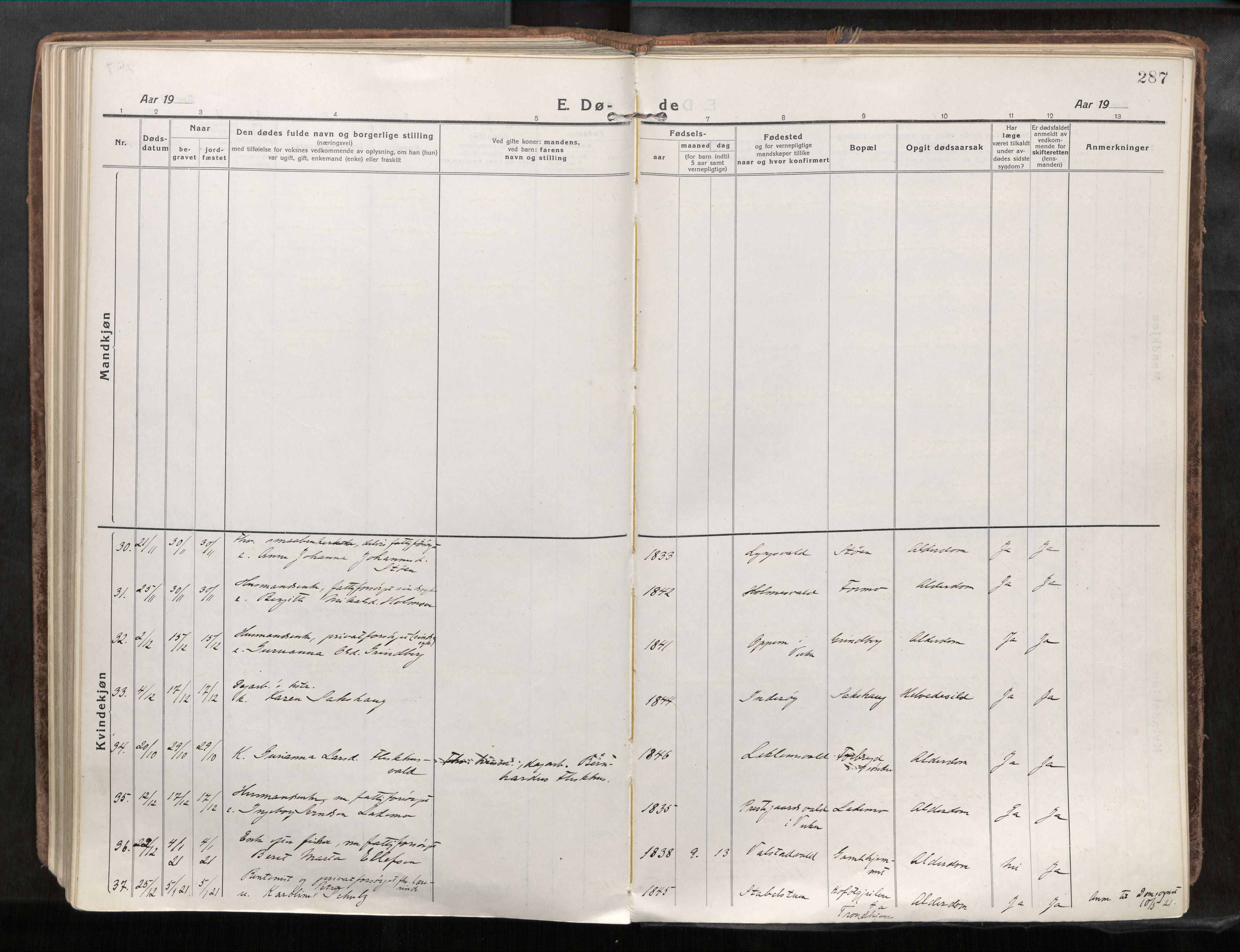 Verdal sokneprestkontor, SAT/A-1156/2/H/Haa/L0001: Parish register (official) no. 1, 1917-1932, p. 287