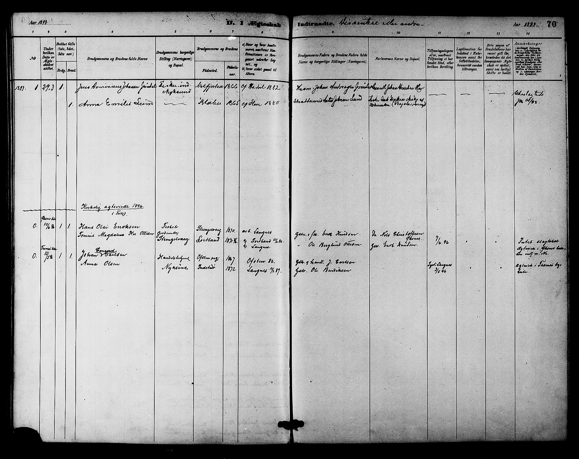 Ministerialprotokoller, klokkerbøker og fødselsregistre - Nordland, AV/SAT-A-1459/894/L1355: Parish register (official) no. 894A01, 1885-1896, p. 70