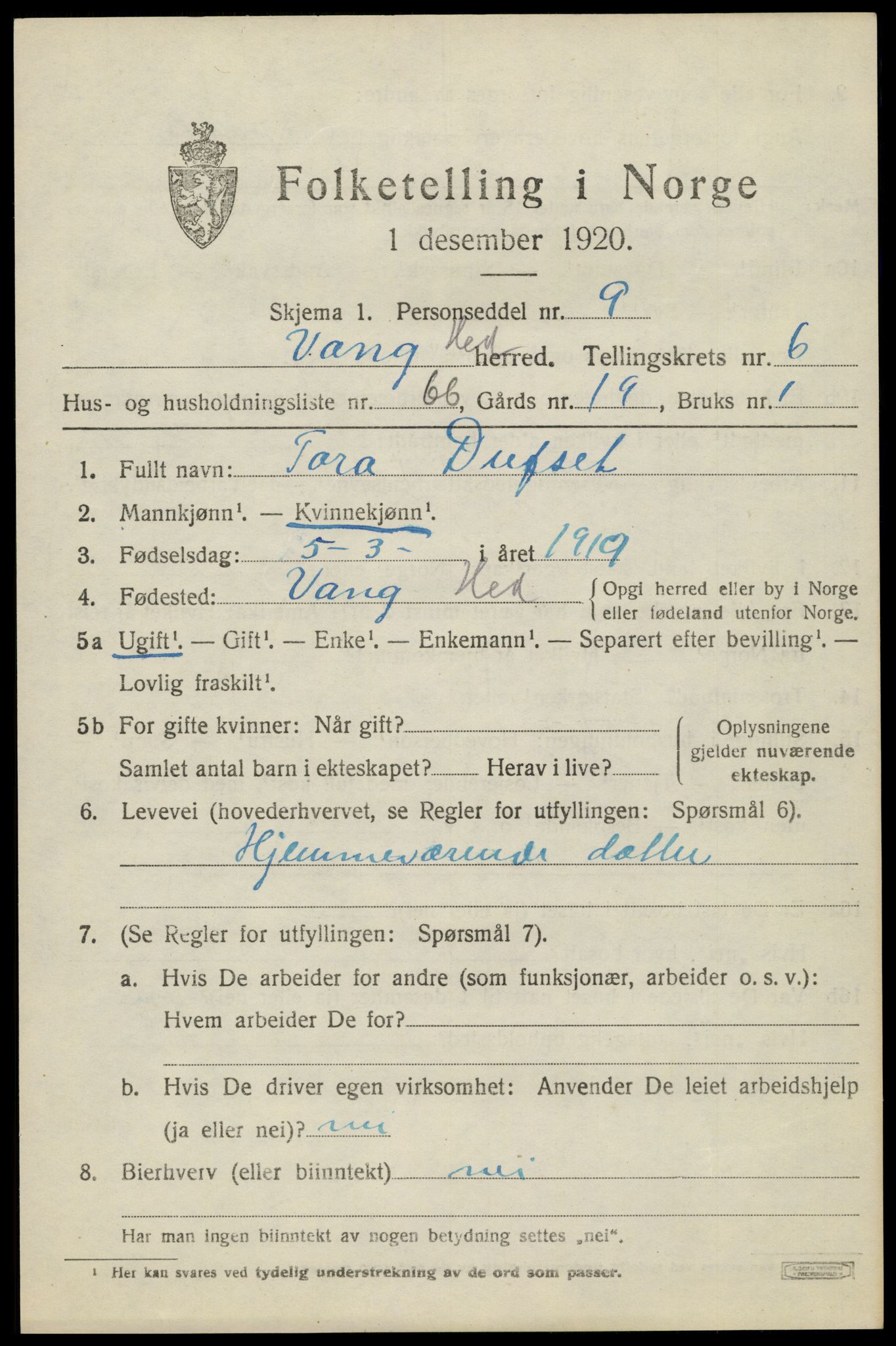 SAH, 1920 census for Vang (Hedmark), 1920, p. 16027