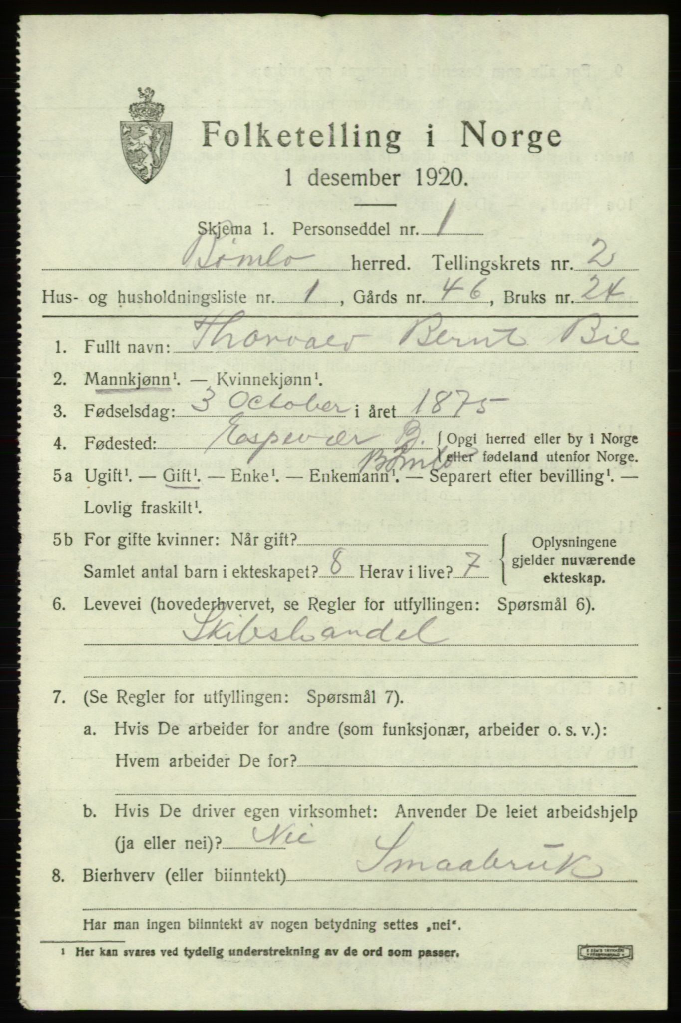 SAB, 1920 census for Bømlo, 1920, p. 1799
