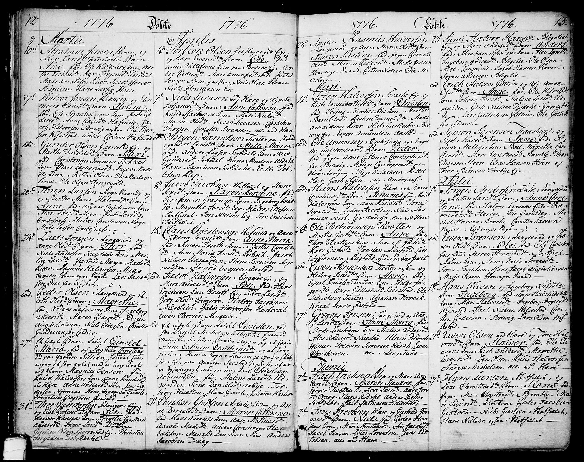 Bamble kirkebøker, SAKO/A-253/F/Fa/L0002: Parish register (official) no. I 2, 1775-1814, p. 12-13