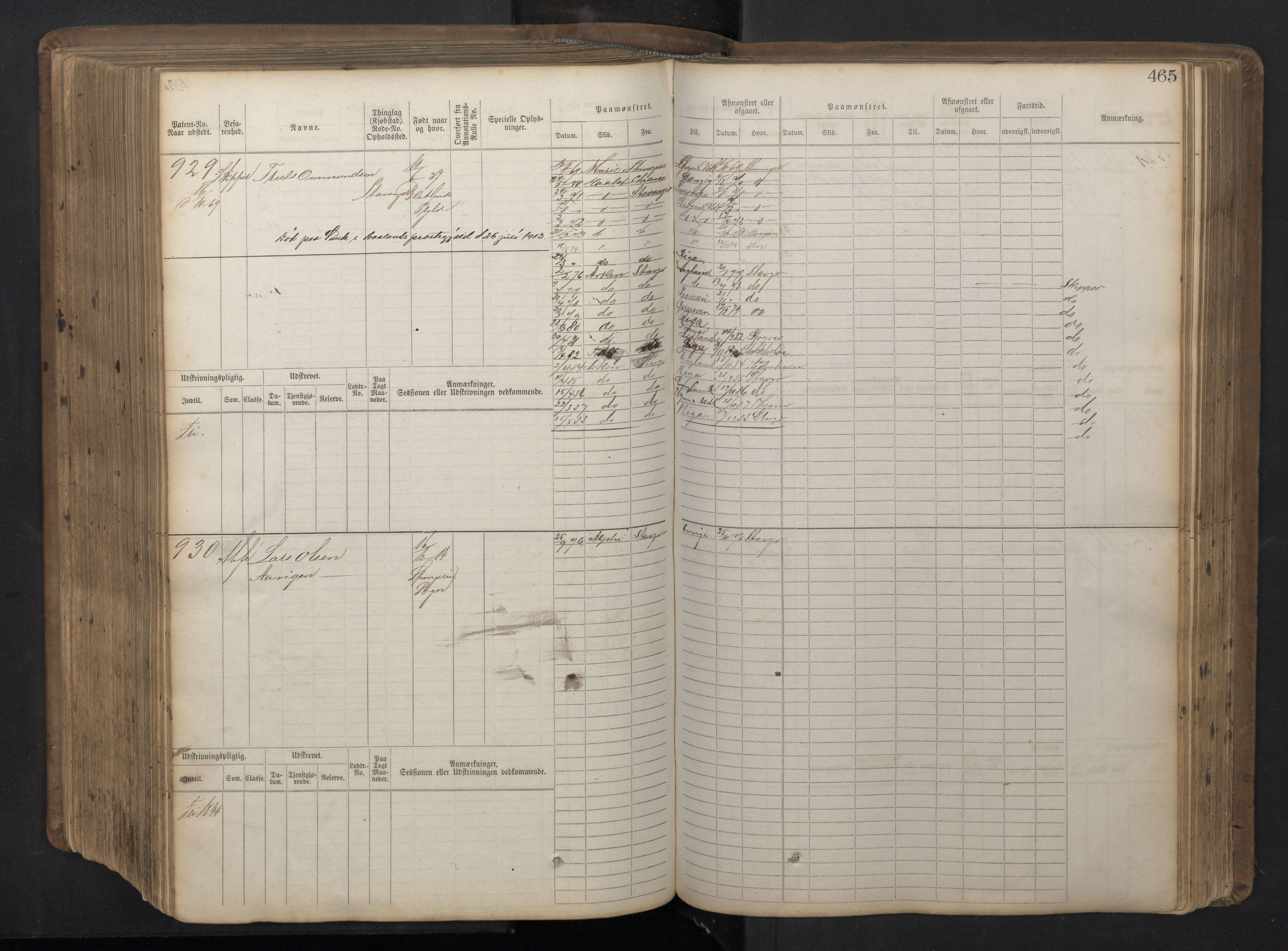 Stavanger sjømannskontor, AV/SAST-A-102006/F/Fb/Fbb/L0016: Sjøfartshovedrulle patnentnr. 1-1202 (dublett), 1869, p. 465