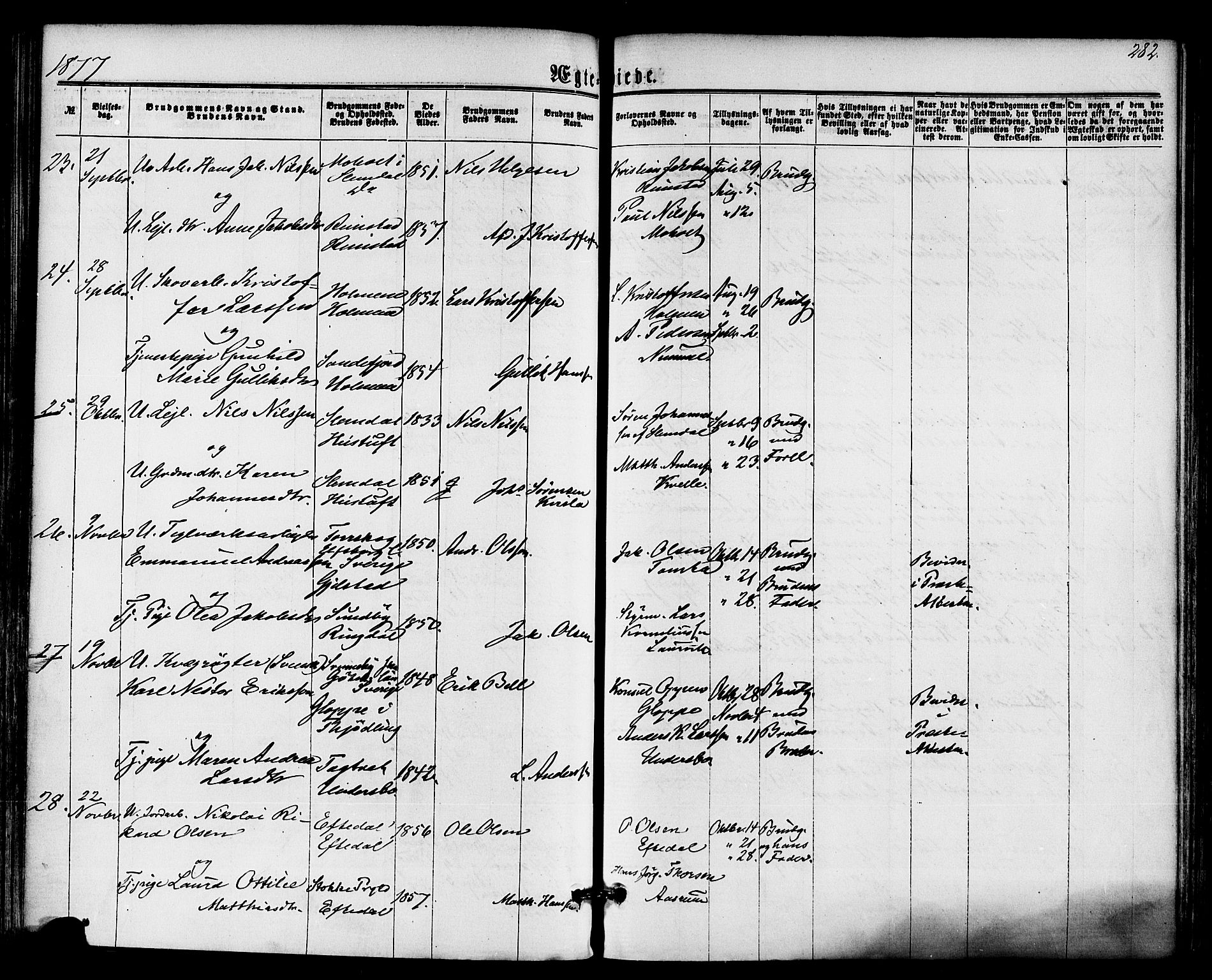 Hedrum kirkebøker, SAKO/A-344/F/Fa/L0008: Parish register (official) no. I 8, 1869-1880, p. 282
