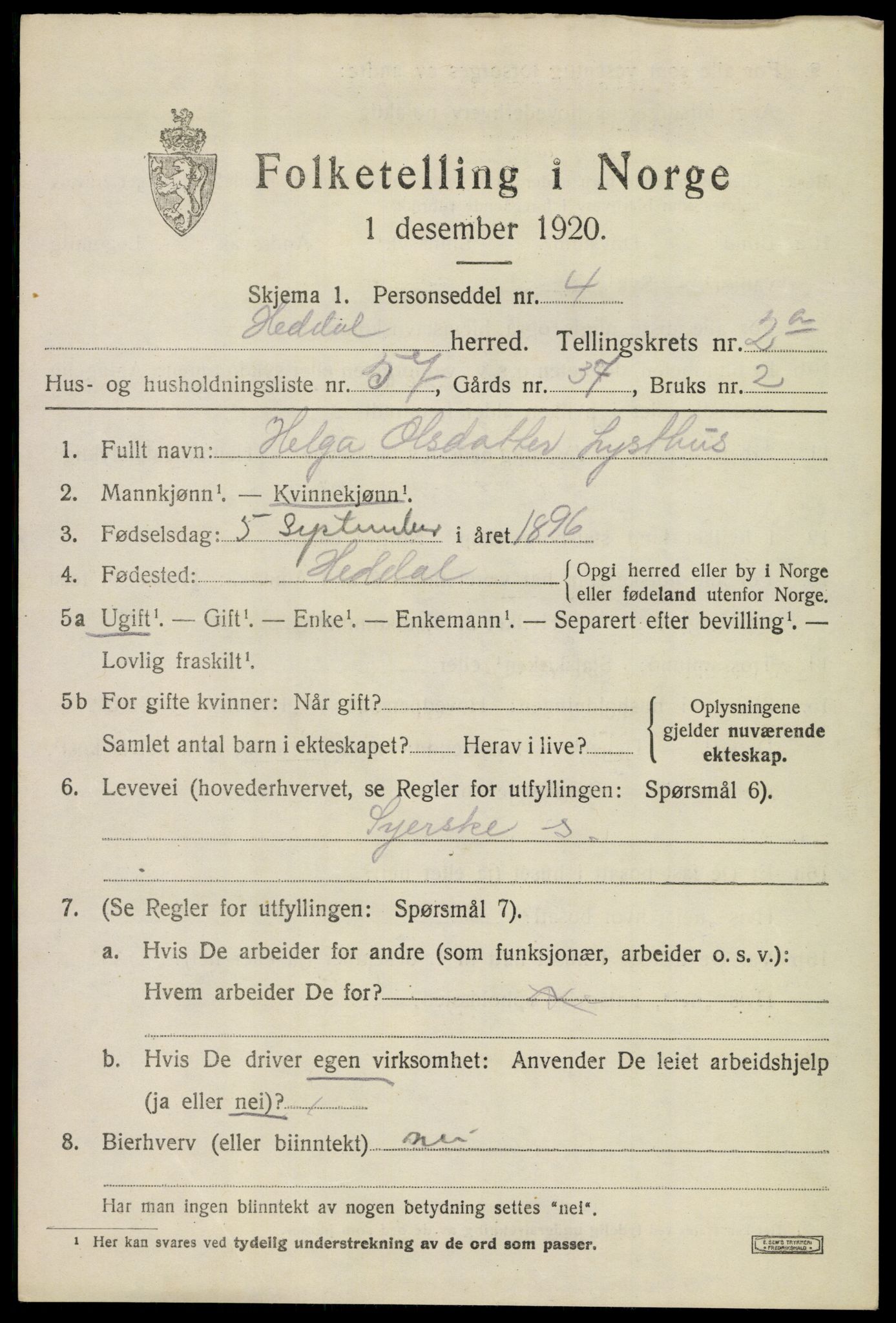 SAKO, 1920 census for Heddal, 1920, p. 2642