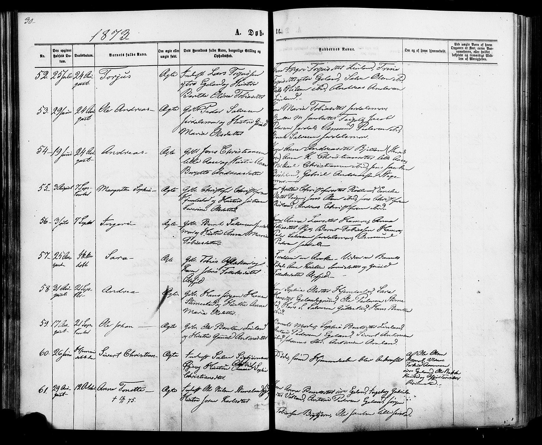 Kvinesdal sokneprestkontor, SAK/1111-0026/F/Fa/Fab/L0007: Parish register (official) no. A 7, 1870-1885, p. 30