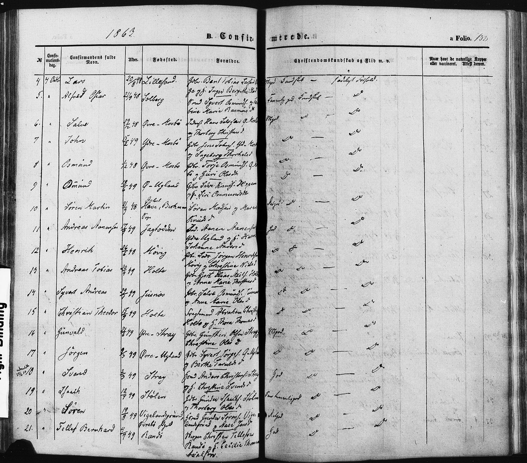 Oddernes sokneprestkontor, AV/SAK-1111-0033/F/Fa/Faa/L0007: Parish register (official) no. A 7, 1851-1863, p. 132