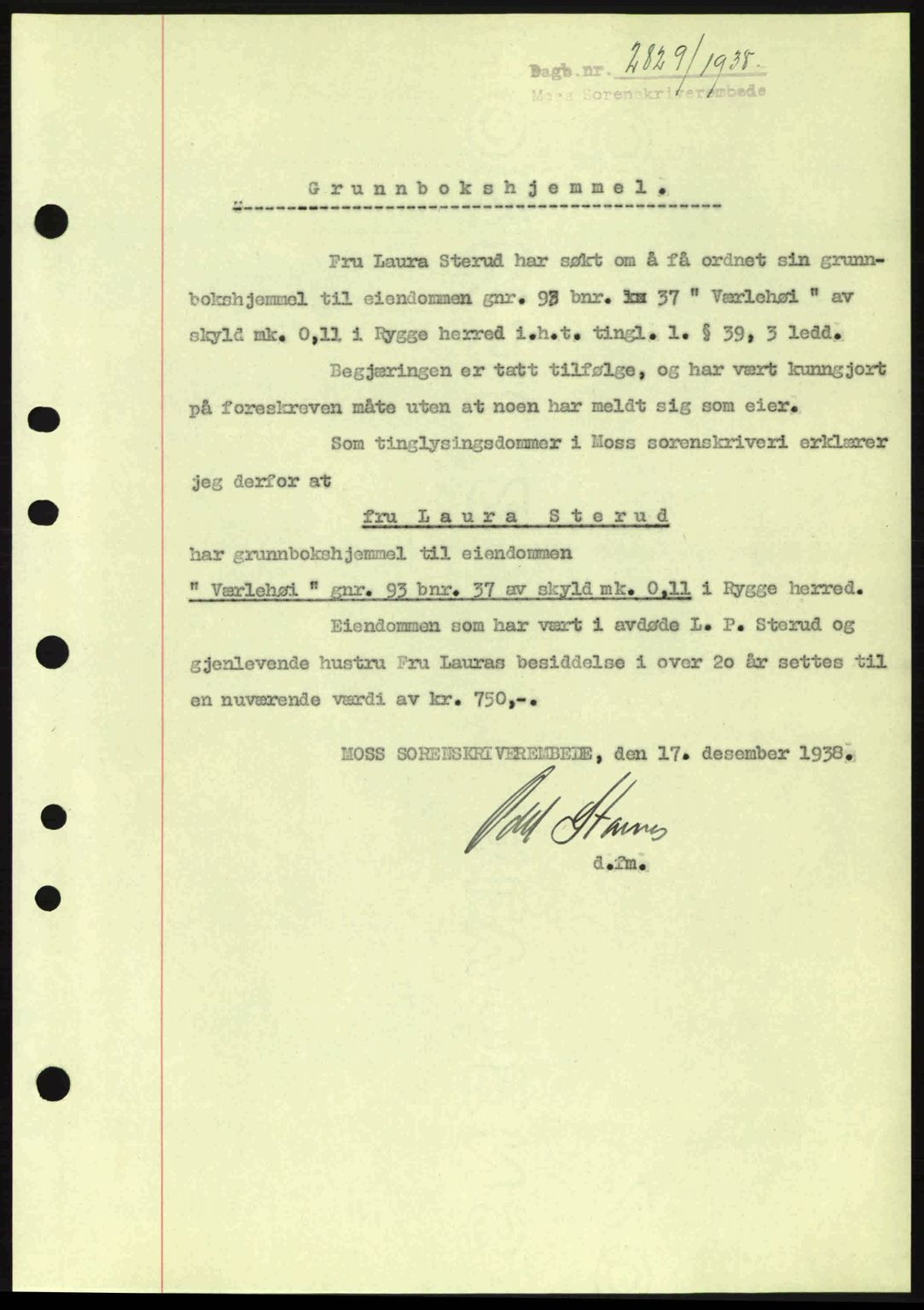 Moss sorenskriveri, SAO/A-10168: Mortgage book no. A5, 1938-1939, Diary no: : 2829/1938