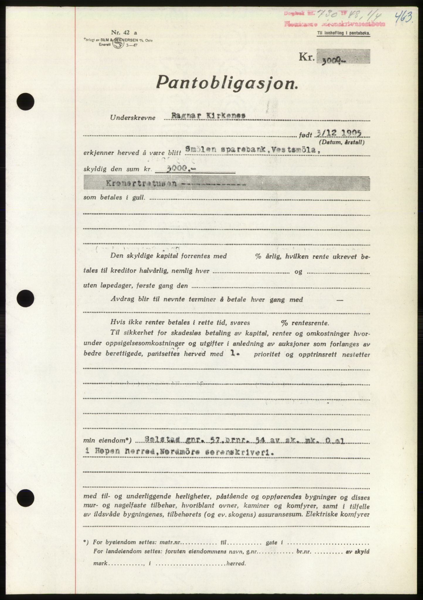 Nordmøre sorenskriveri, AV/SAT-A-4132/1/2/2Ca: Mortgage book no. B98, 1948-1948, Diary no: : 730/1948