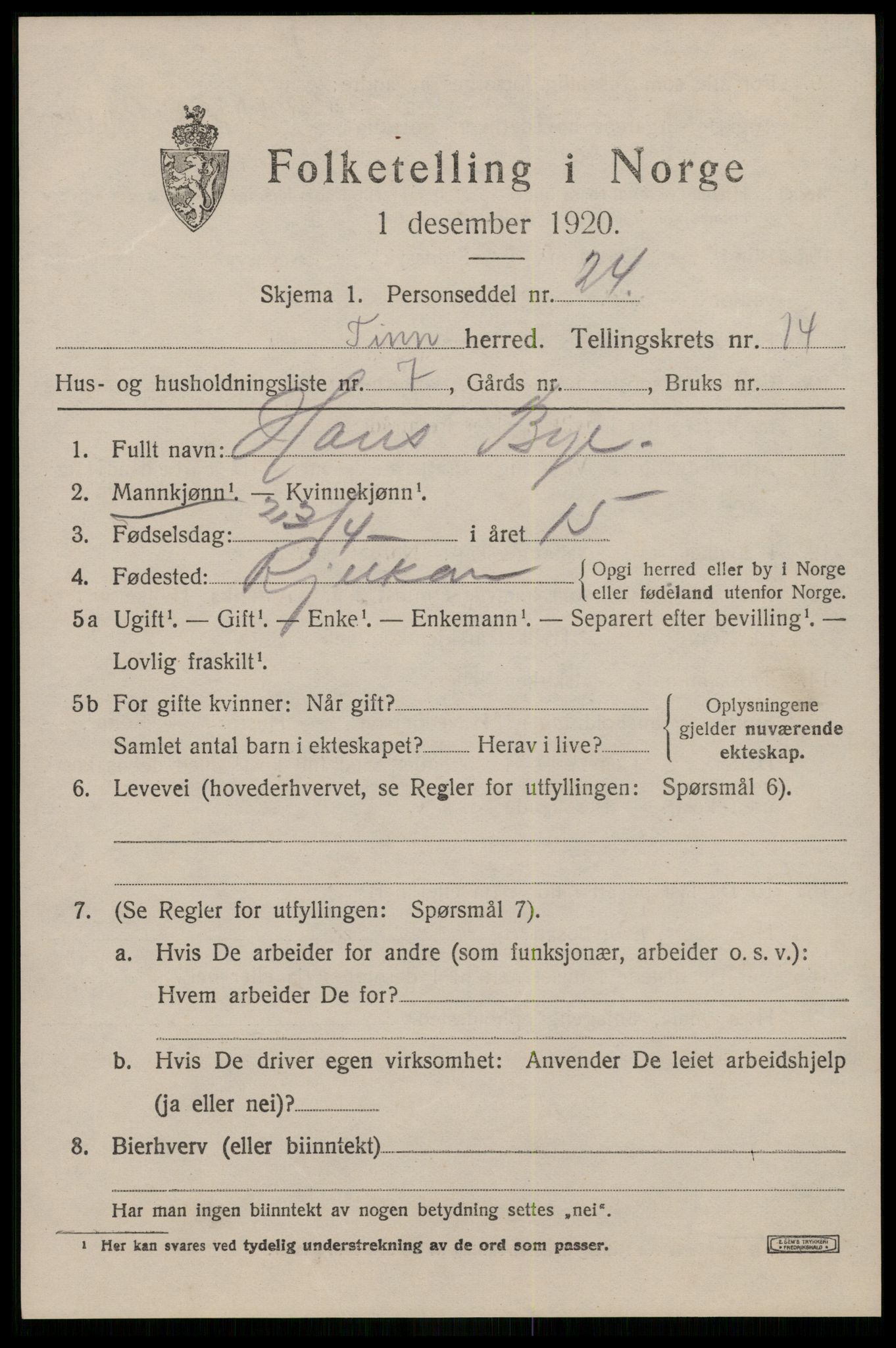 SAKO, 1920 census for Tinn, 1920, p. 8860