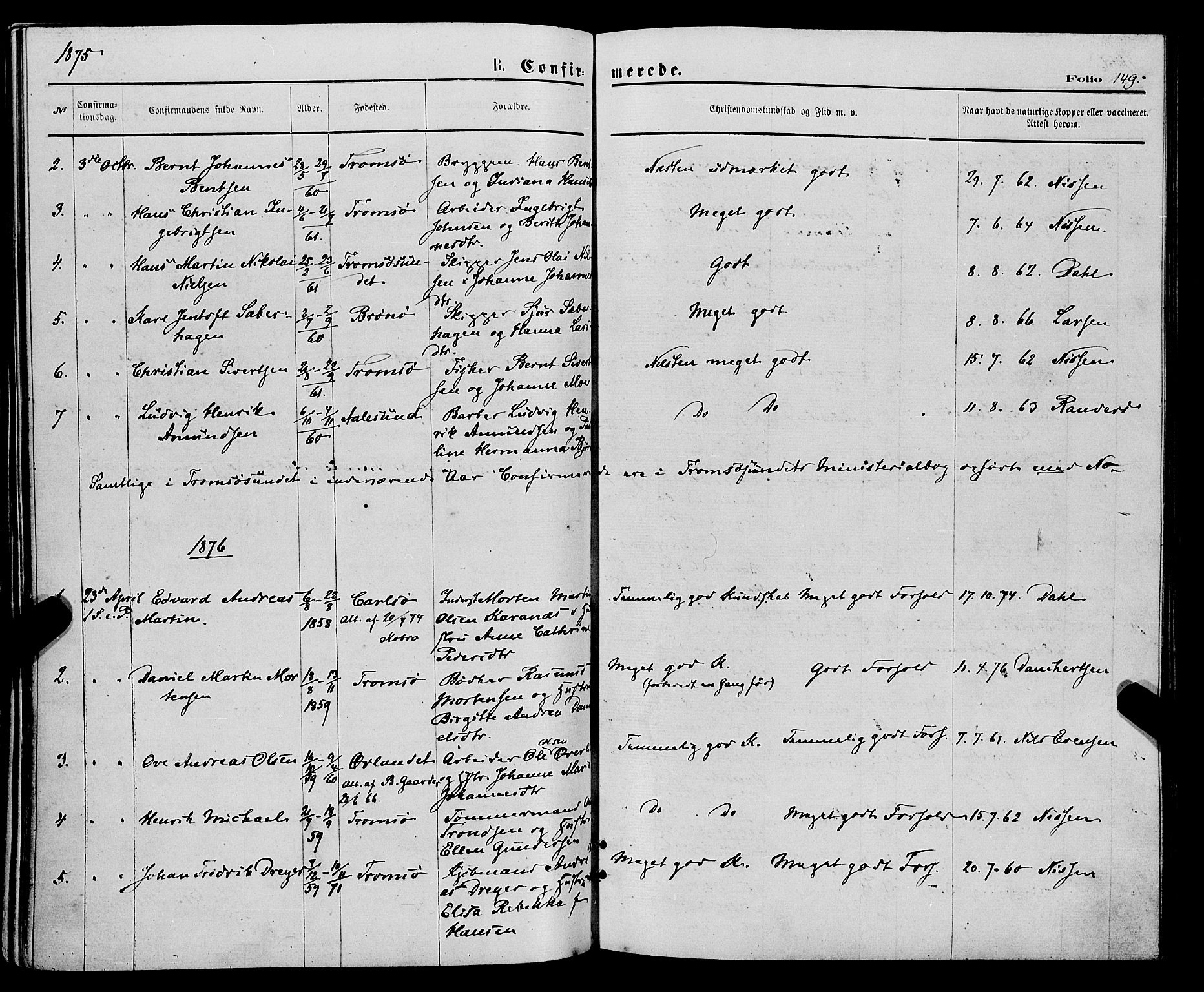 Tromsø sokneprestkontor/stiftsprosti/domprosti, SATØ/S-1343/G/Ga/L0013kirke: Parish register (official) no. 13, 1872-1877, p. 149
