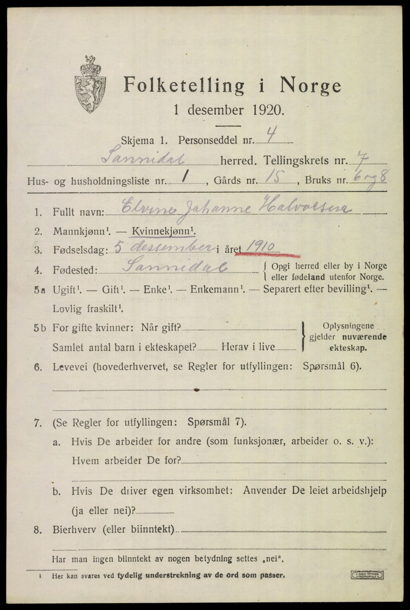 SAKO, 1920 census for Sannidal, 1920, p. 4919