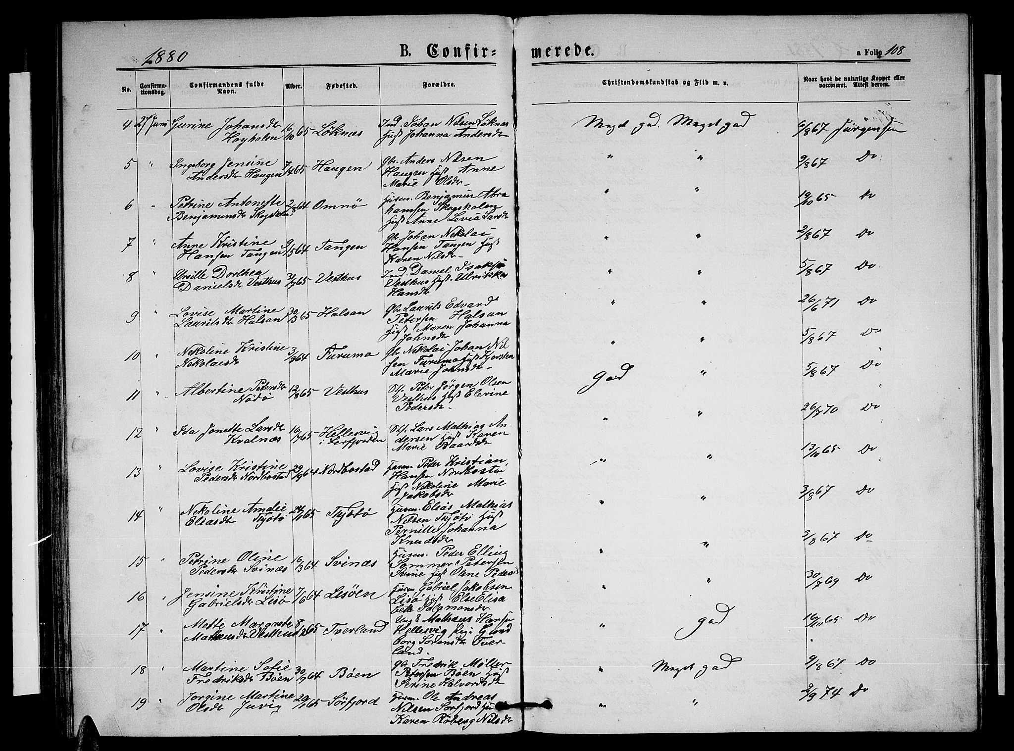 Ministerialprotokoller, klokkerbøker og fødselsregistre - Nordland, SAT/A-1459/817/L0267: Parish register (copy) no. 817C02, 1870-1883, p. 108