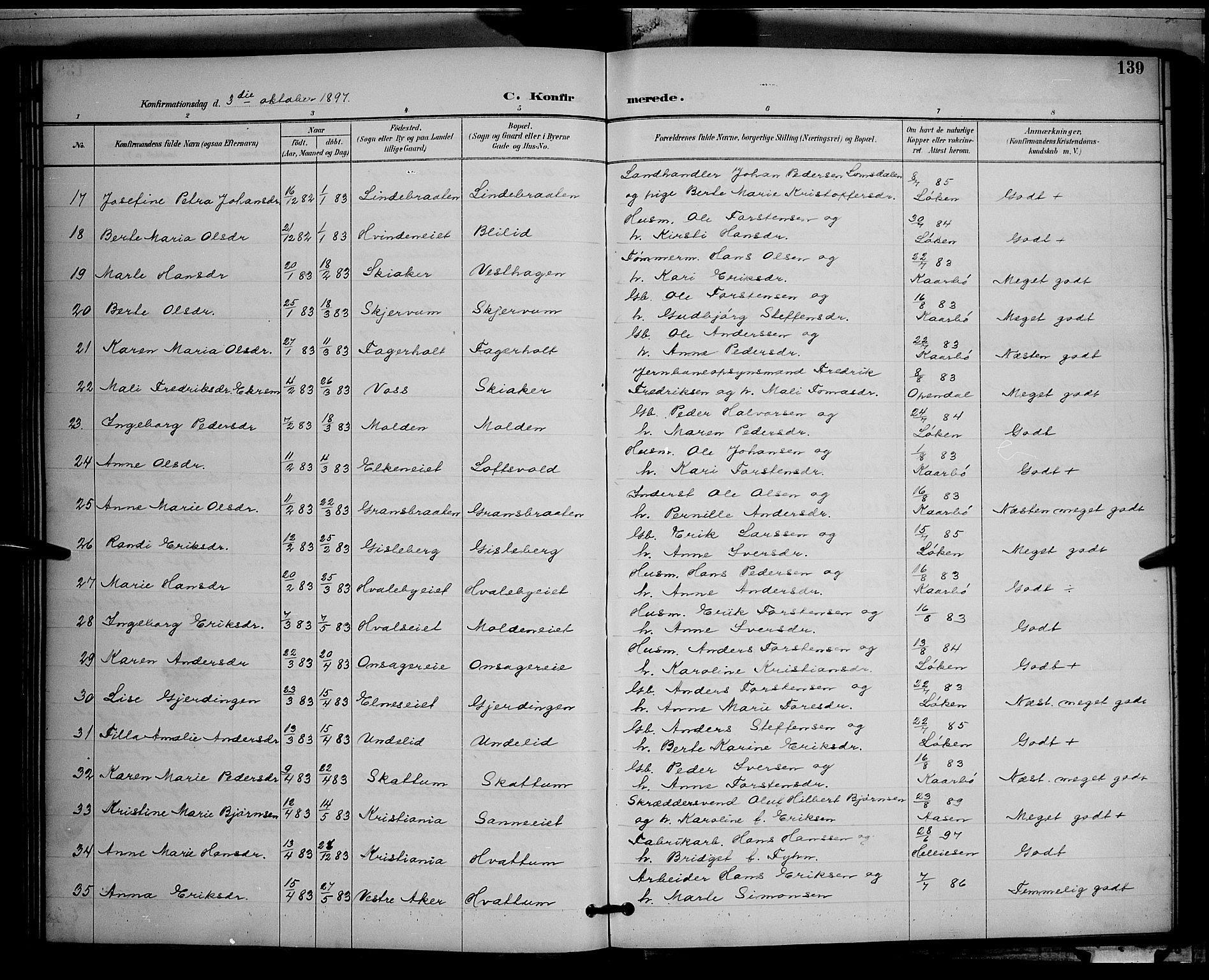 Gran prestekontor, AV/SAH-PREST-112/H/Ha/Hab/L0005: Parish register (copy) no. 5, 1892-1900, p. 139