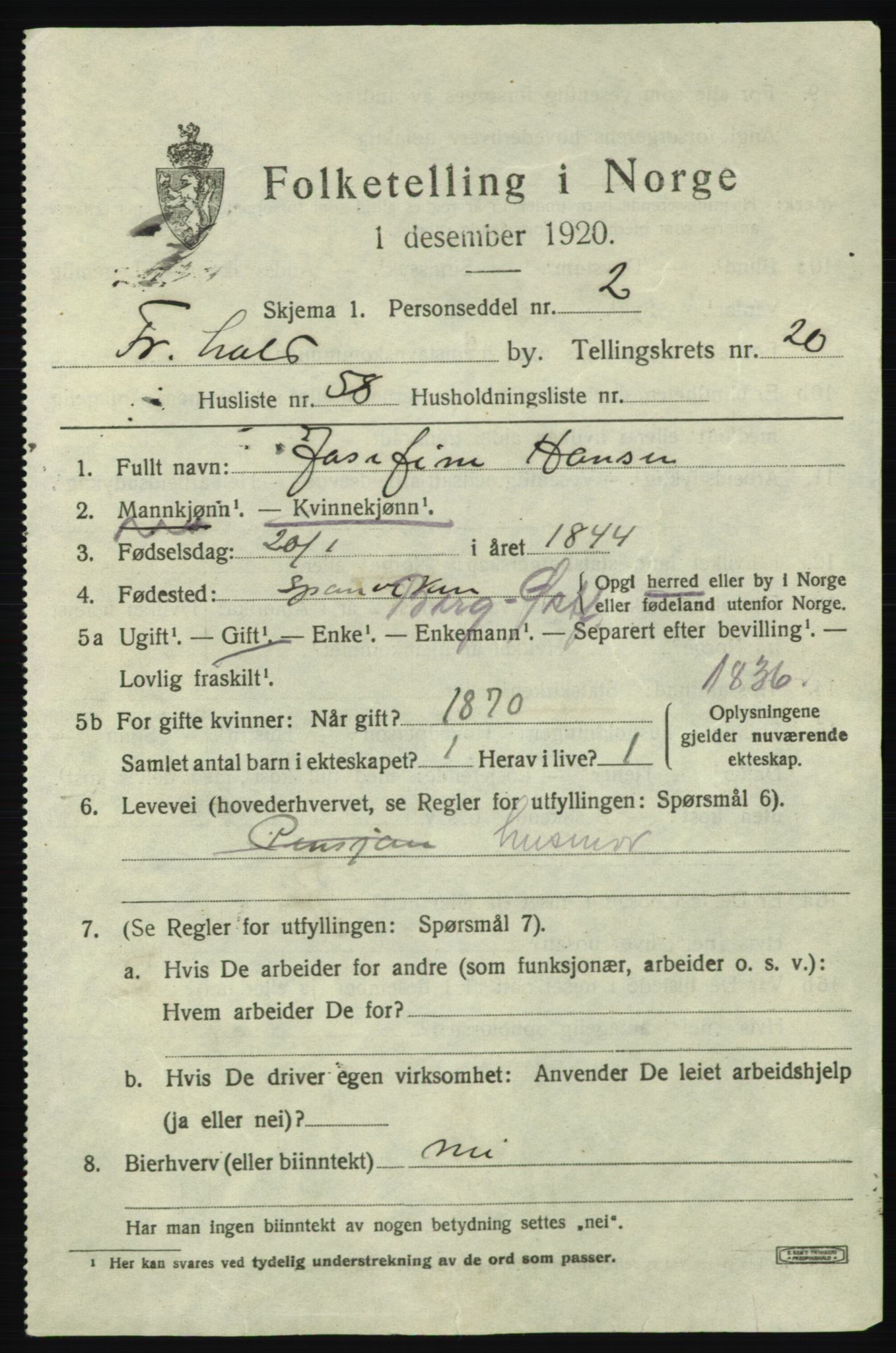 SAO, 1920 census for Fredrikshald, 1920, p. 30728