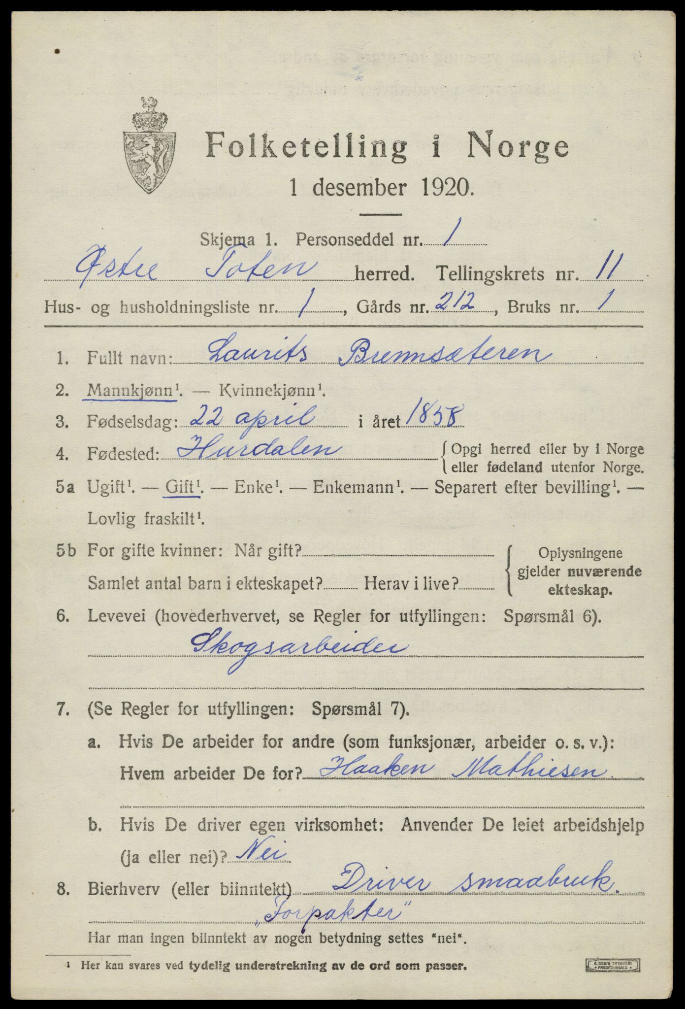 SAH, 1920 census for Østre Toten, 1920, p. 22048