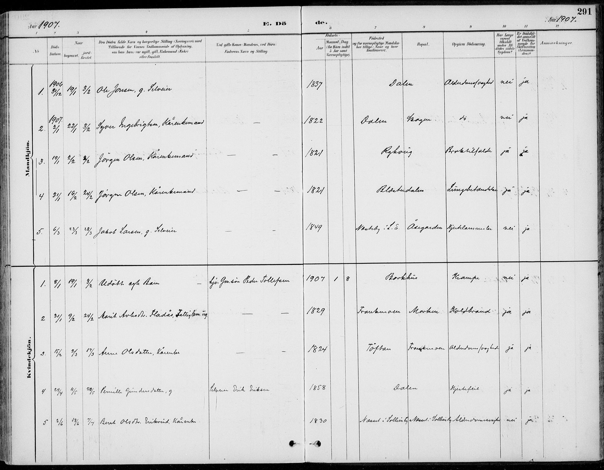 Alvdal prestekontor, AV/SAH-PREST-060/H/Ha/Haa/L0003: Parish register (official) no. 3, 1886-1912, p. 291