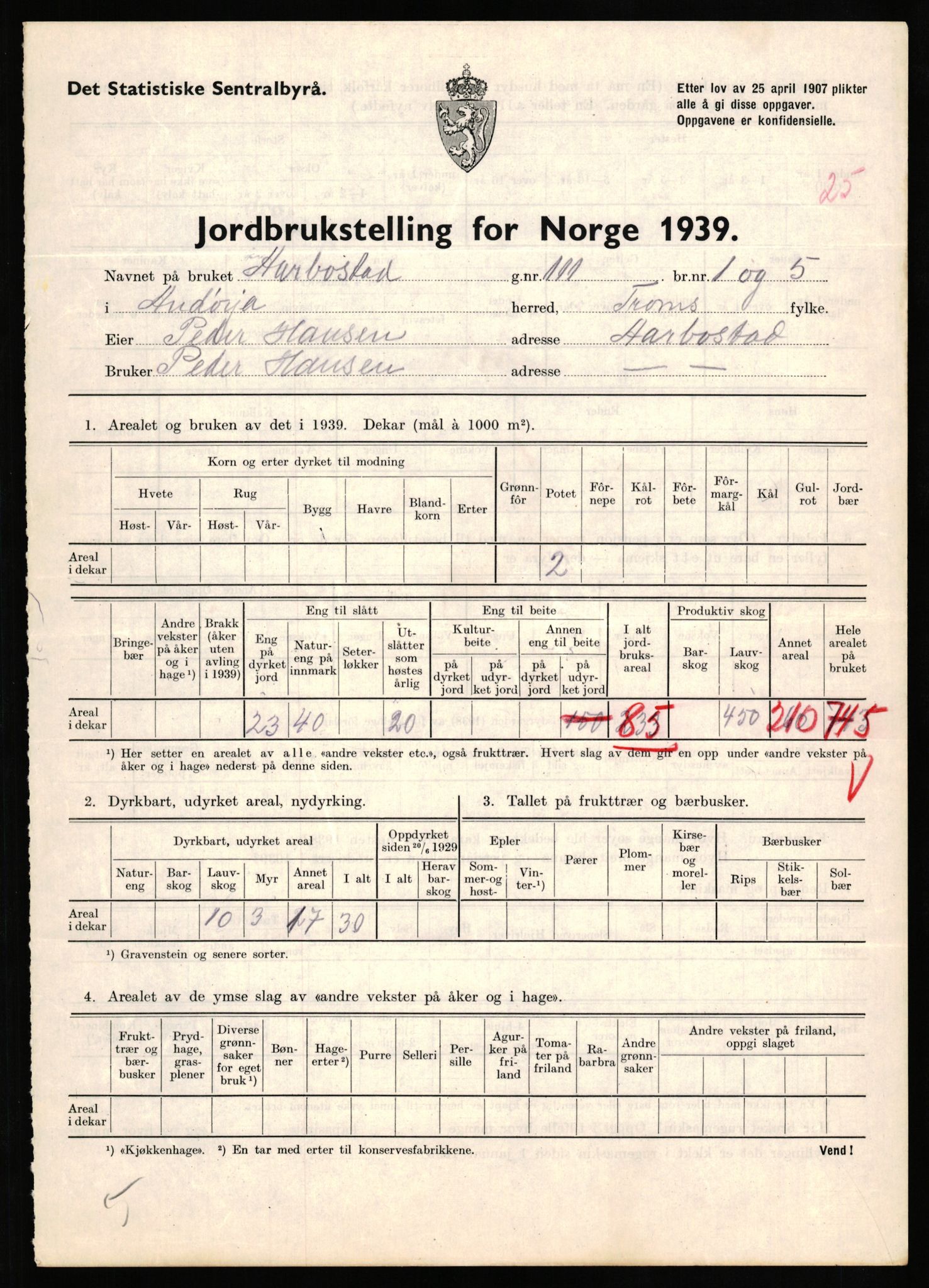 Statistisk sentralbyrå, Næringsøkonomiske emner, Jordbruk, skogbruk, jakt, fiske og fangst, AV/RA-S-2234/G/Gb/L0339: Troms: Andørja, Astafjord og Lavangen, 1939, p. 834