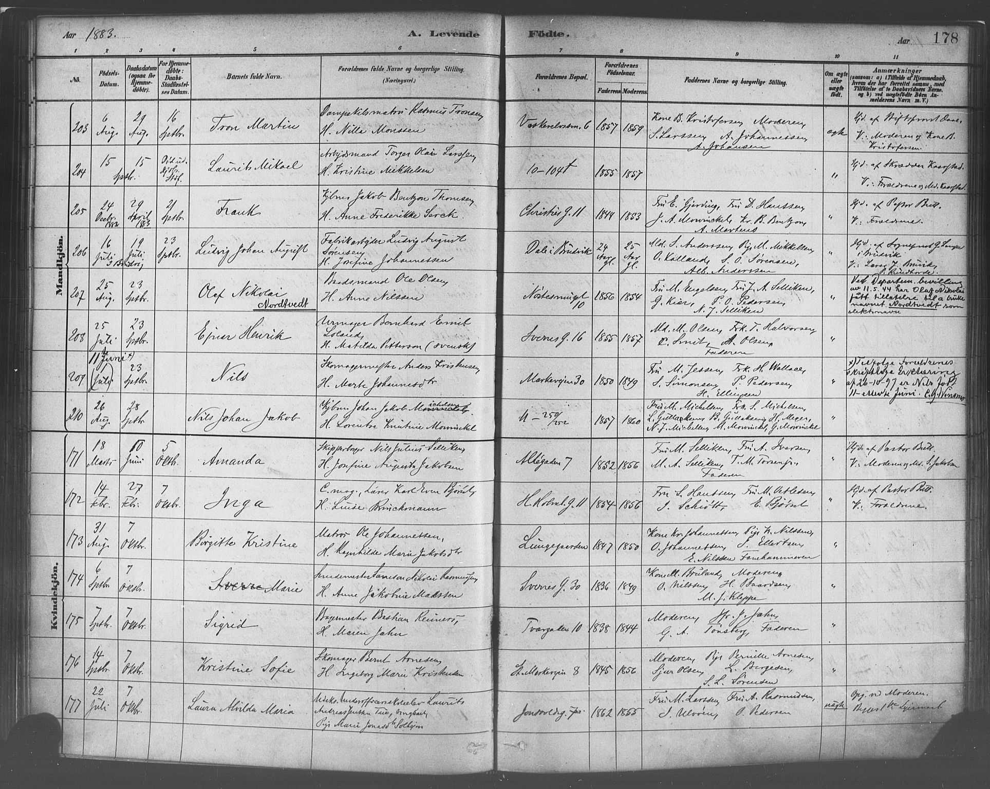 Domkirken sokneprestembete, SAB/A-74801/H/Haa/L0023: Parish register (official) no. B 6, 1879-1887, p. 178