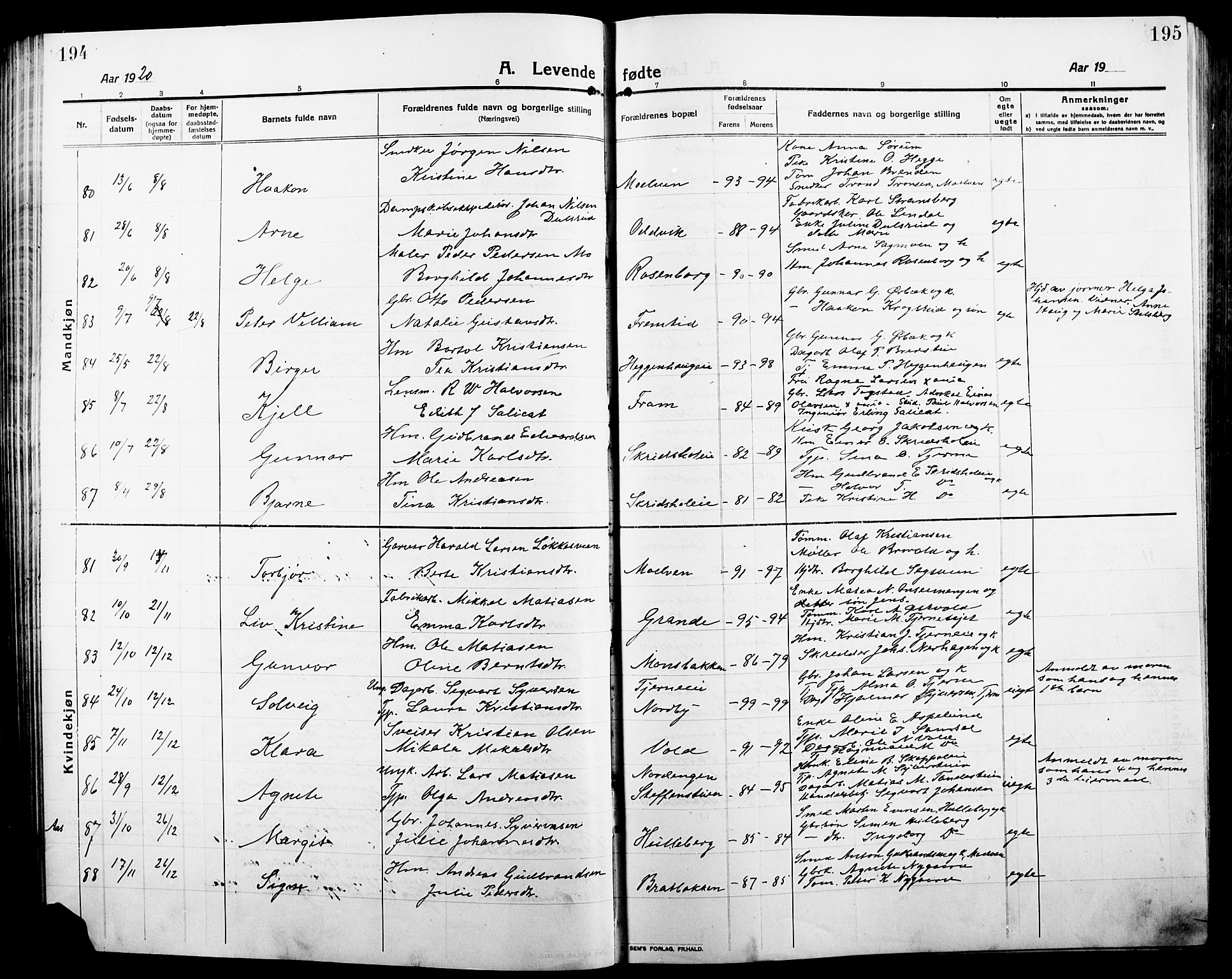 Ringsaker prestekontor, SAH/PREST-014/L/La/L0018: Parish register (copy) no. 18, 1913-1922, p. 194-195