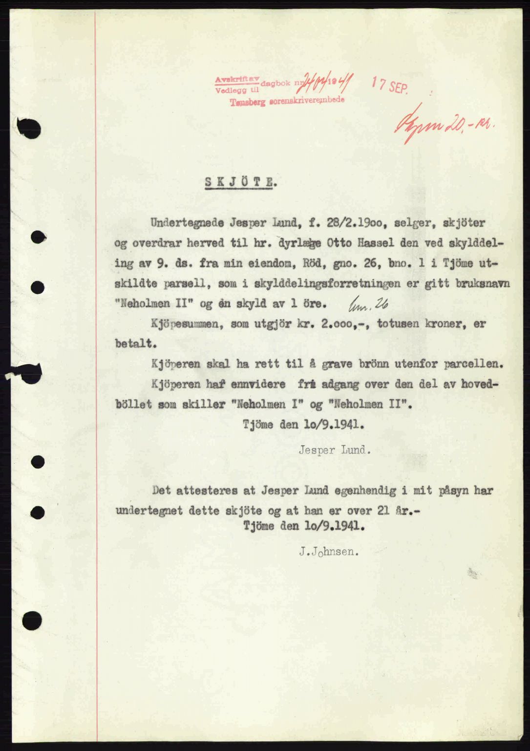 Tønsberg sorenskriveri, AV/SAKO-A-130/G/Ga/Gaa/L0010: Mortgage book no. A10, 1941-1941, Diary no: : 2404/1941