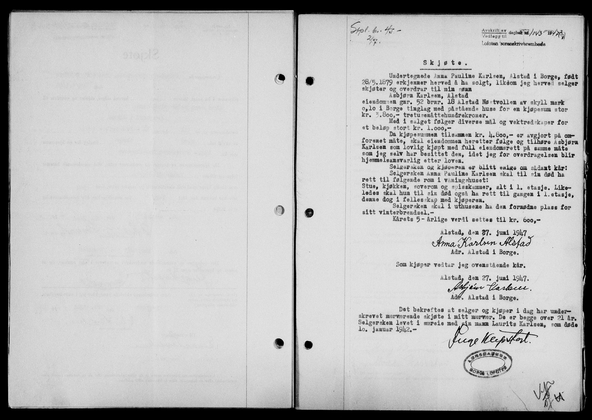 Lofoten sorenskriveri, SAT/A-0017/1/2/2C/L0016a: Mortgage book no. 16a, 1947-1947, Diary no: : 1043/1947