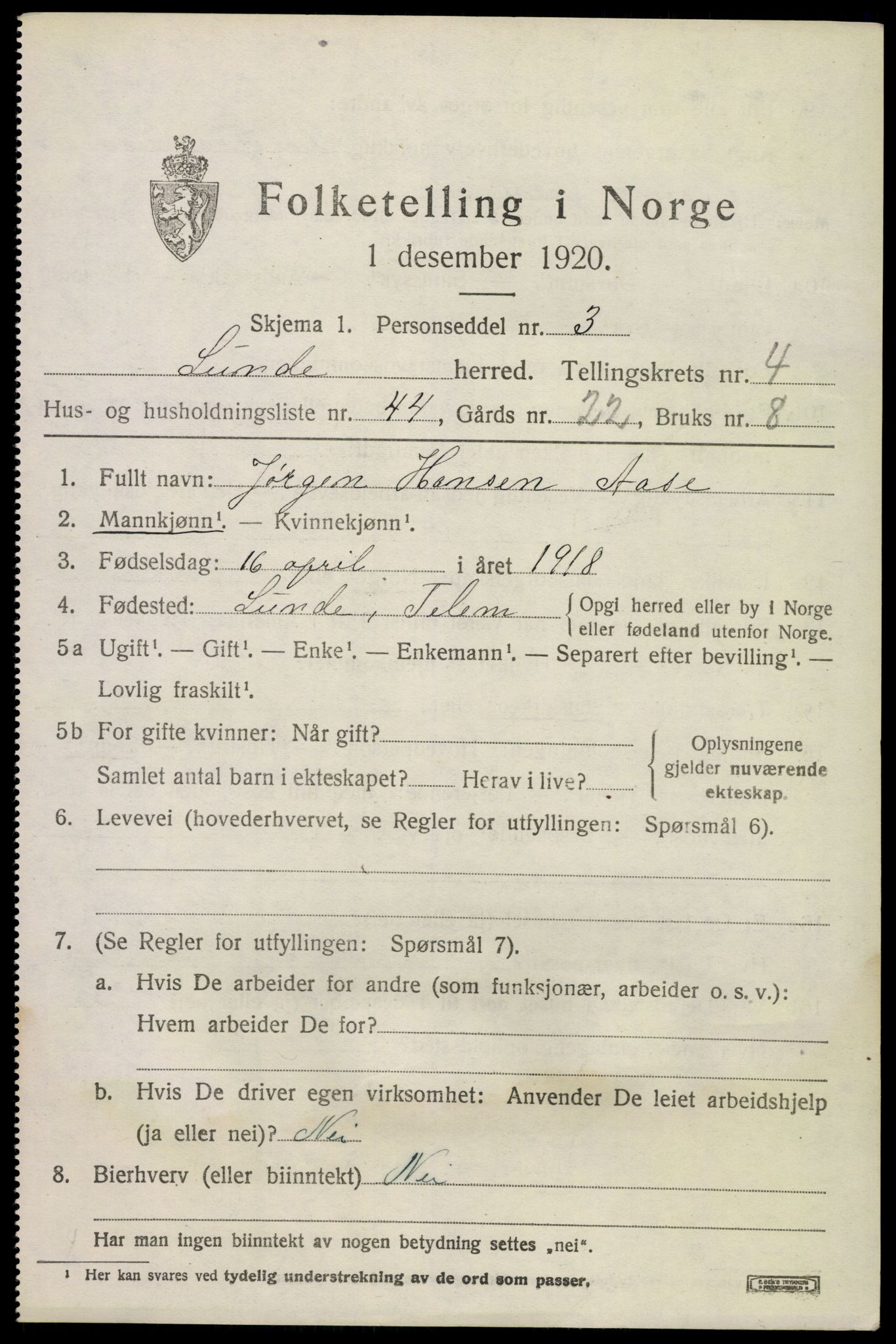SAKO, 1920 census for Lunde, 1920, p. 3401