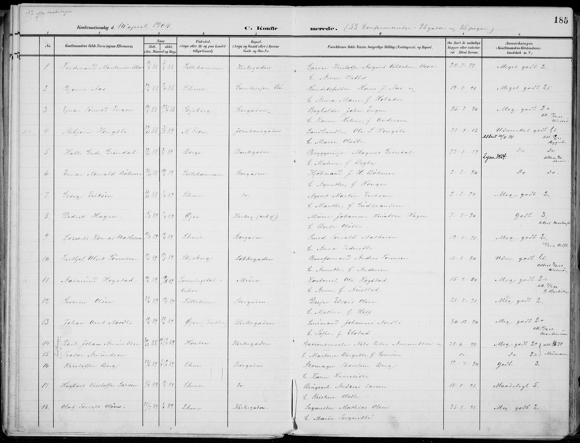 Lillehammer prestekontor, SAH/PREST-088/H/Ha/Haa/L0001: Parish register (official) no. 1, 1901-1916, p. 185