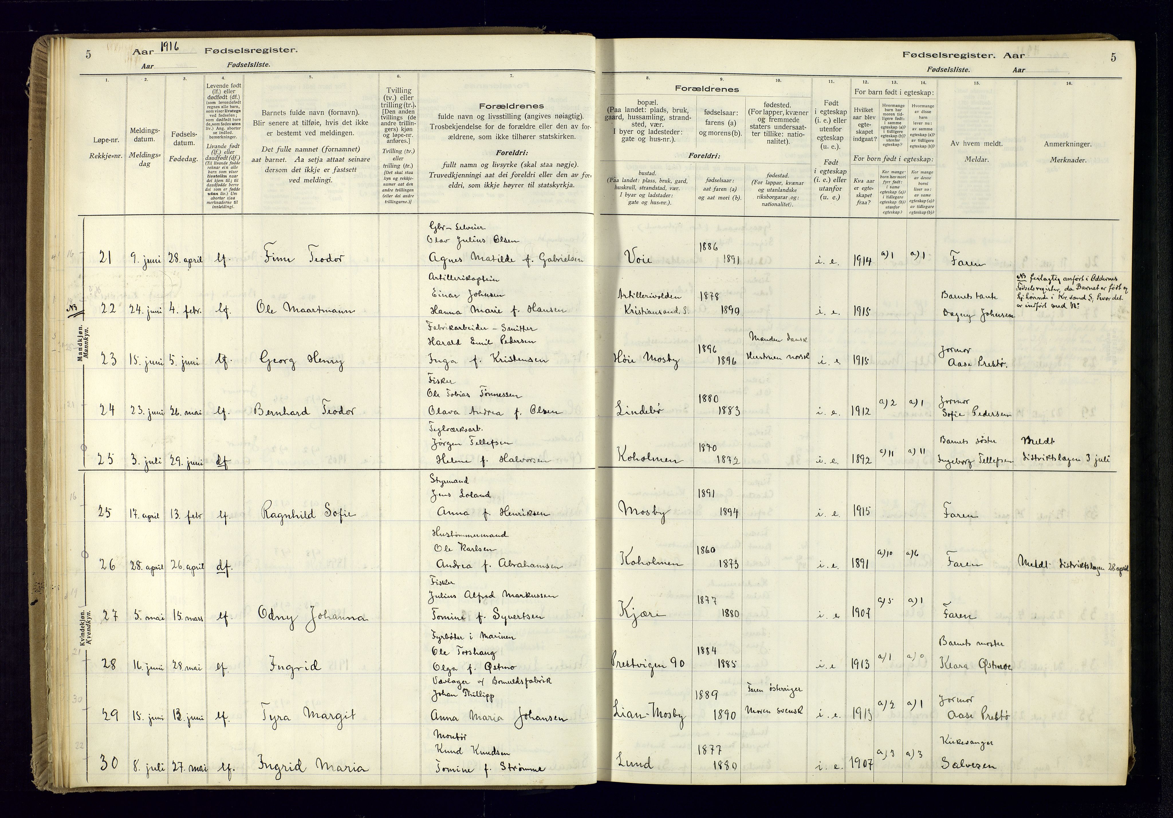 Oddernes sokneprestkontor, AV/SAK-1111-0033/J/Ja/L0001: Birth register no. 1, 1916-1935, p. 5