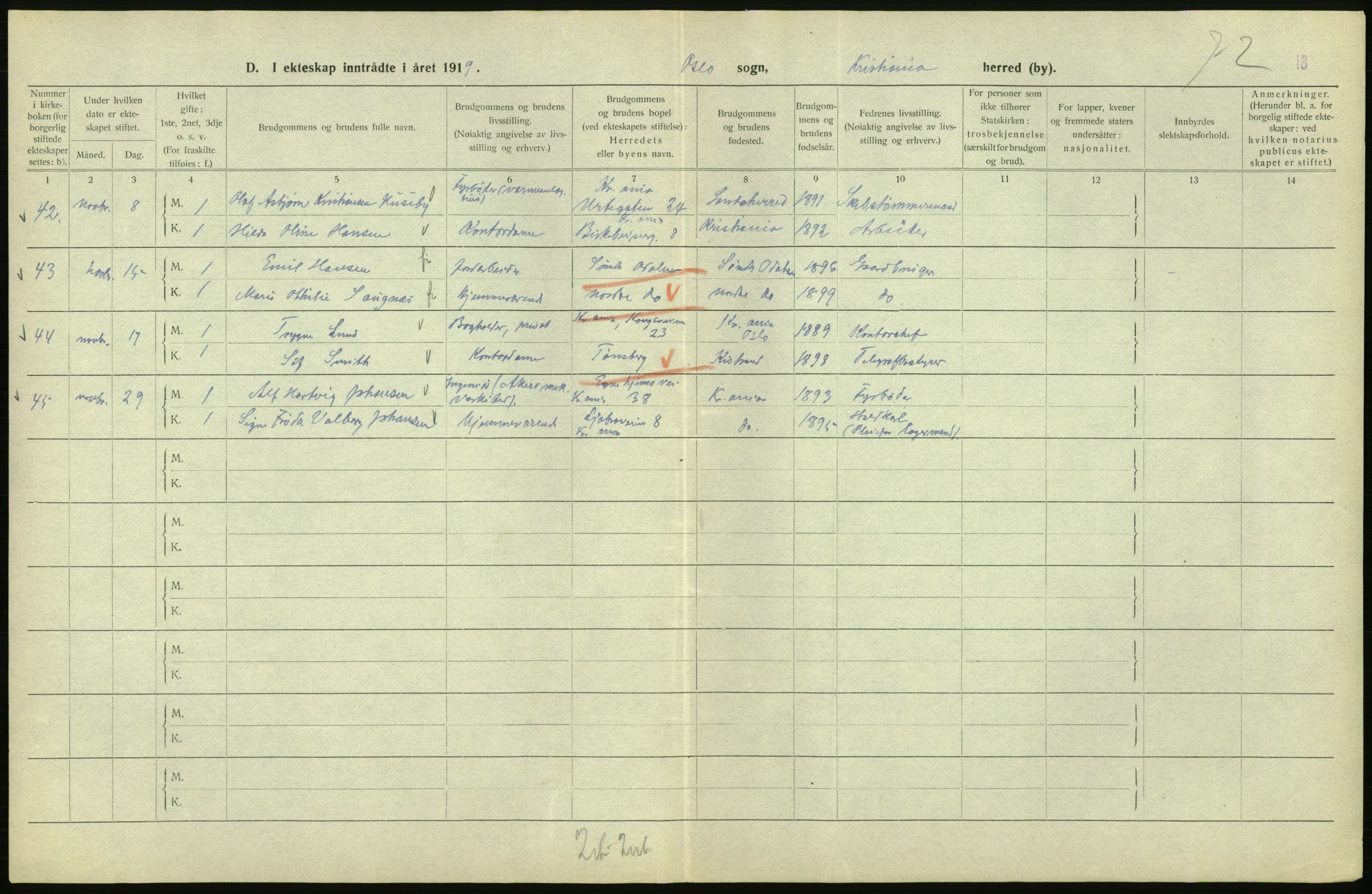 Statistisk sentralbyrå, Sosiodemografiske emner, Befolkning, AV/RA-S-2228/D/Df/Dfb/Dfbi/L0009: Kristiania: Gifte, 1919, p. 498