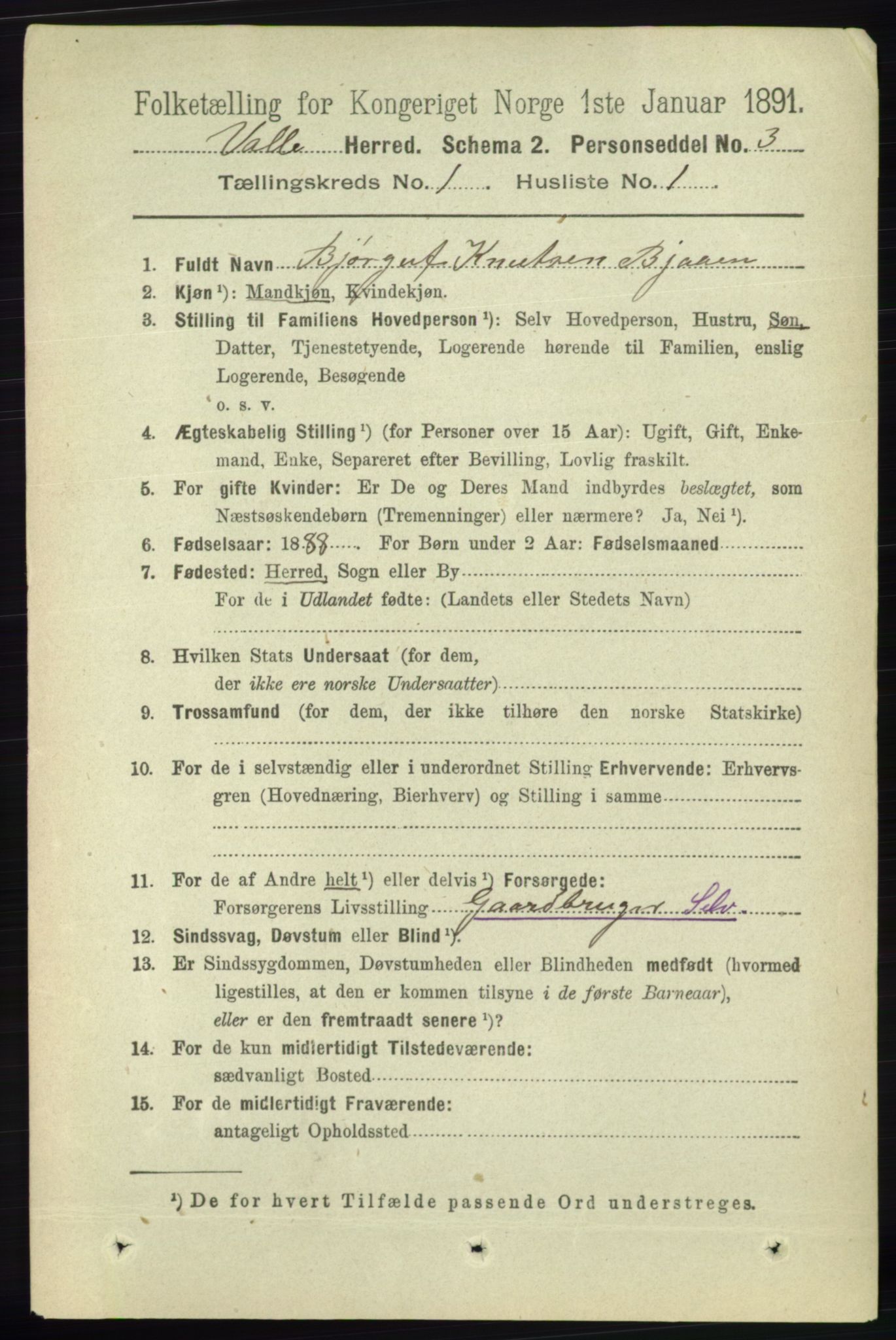 RA, 1891 census for 0940 Valle, 1891, p. 67