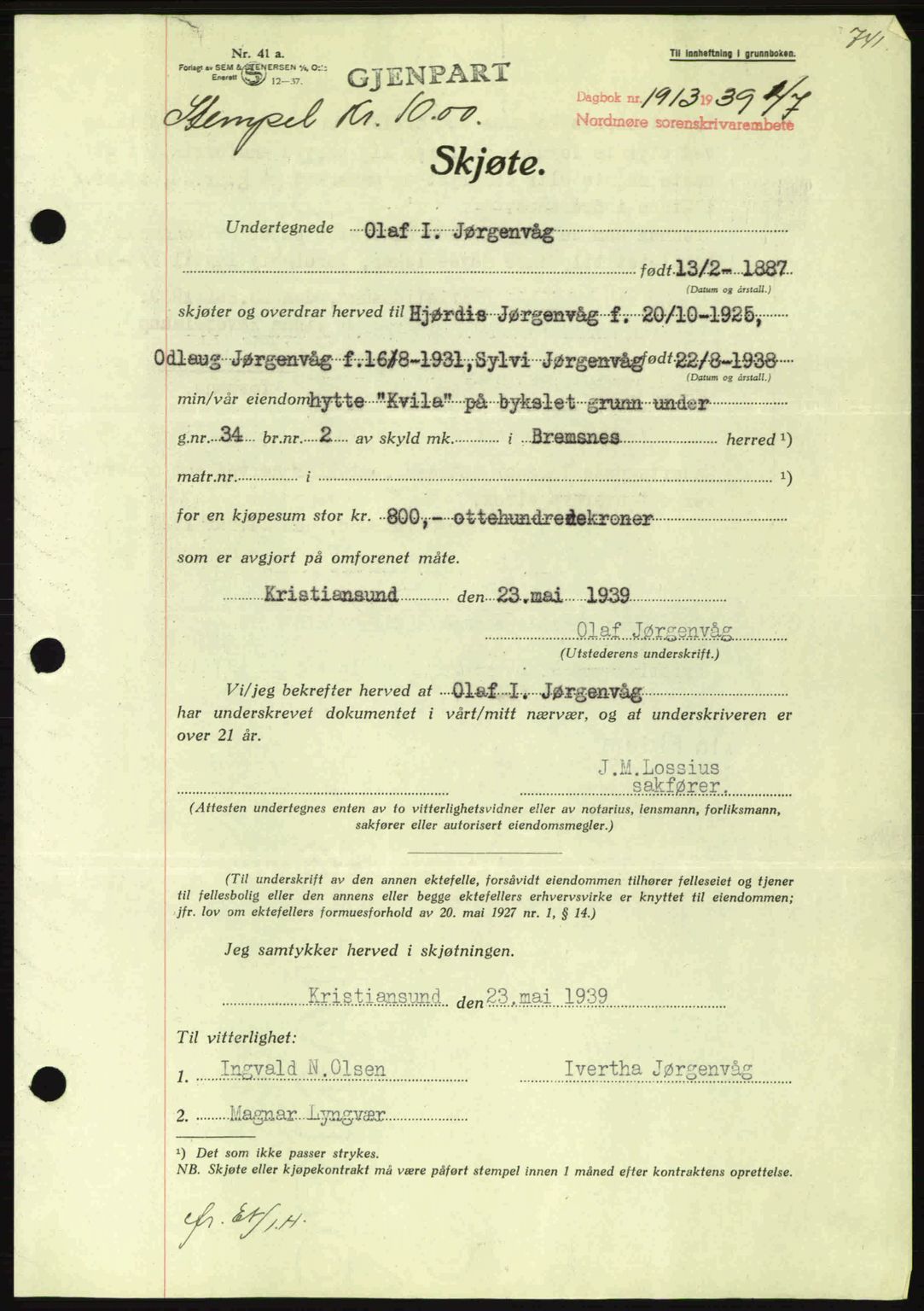 Nordmøre sorenskriveri, AV/SAT-A-4132/1/2/2Ca: Mortgage book no. A86, 1939-1939, Diary no: : 1913/1939