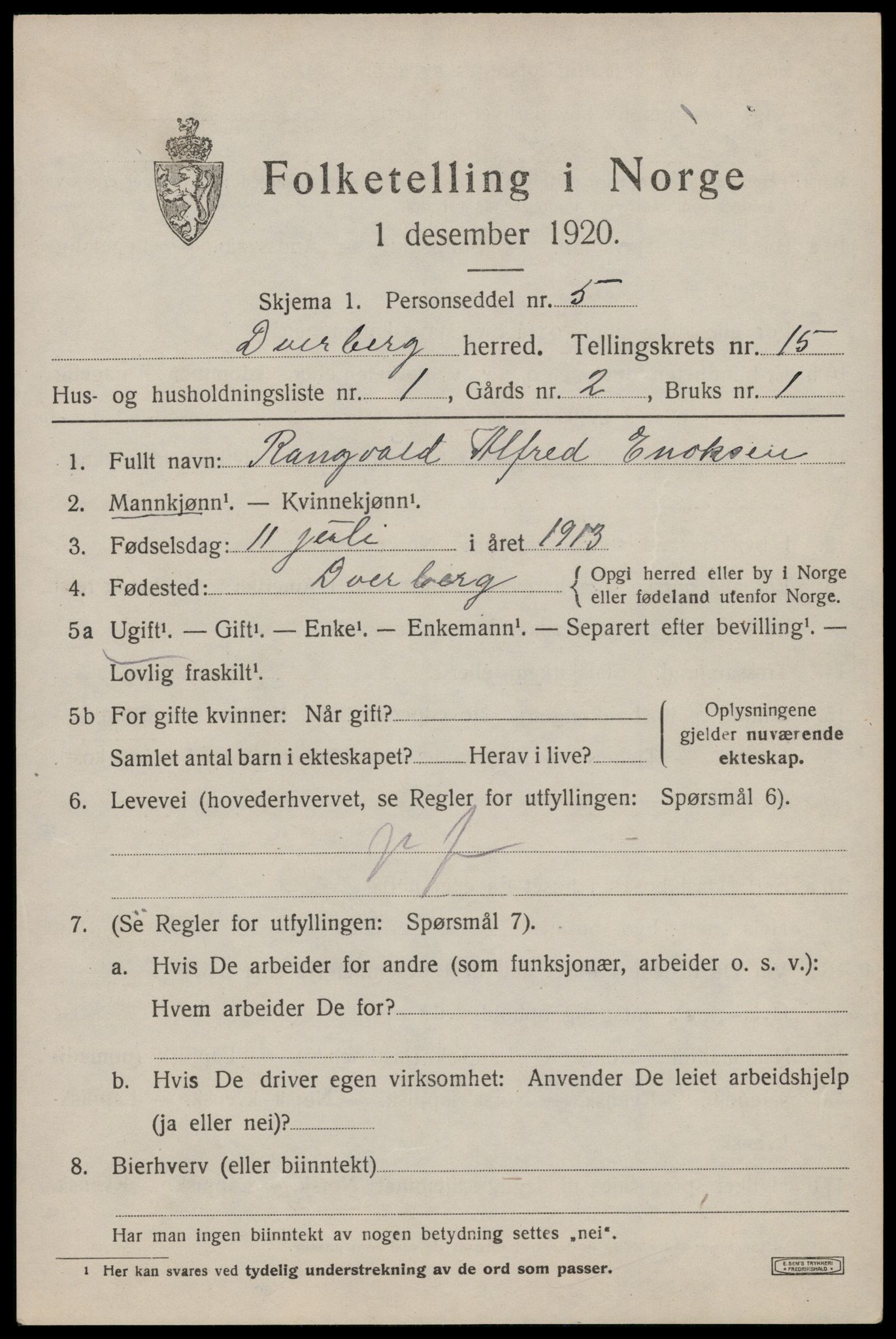 SAT, 1920 census for Dverberg, 1920, p. 11000